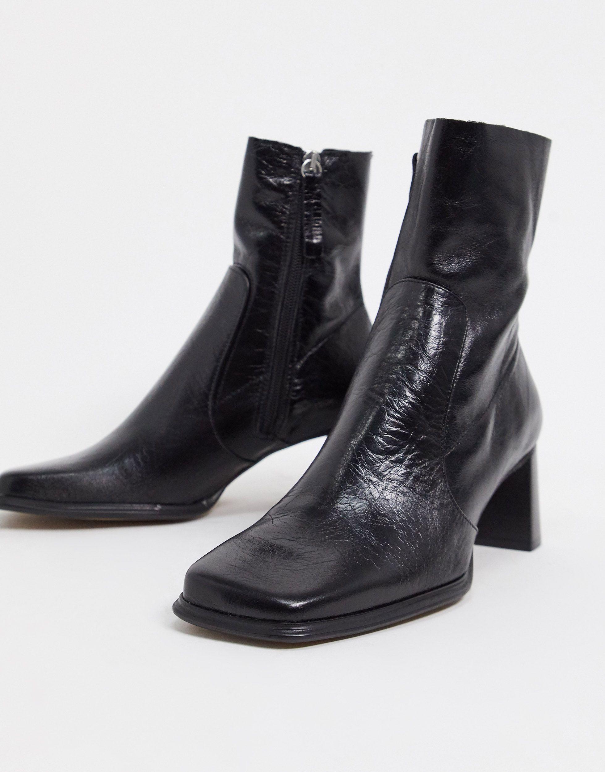 ASOS Roisin Premium Leather Square Toe Boots in Black | Lyst