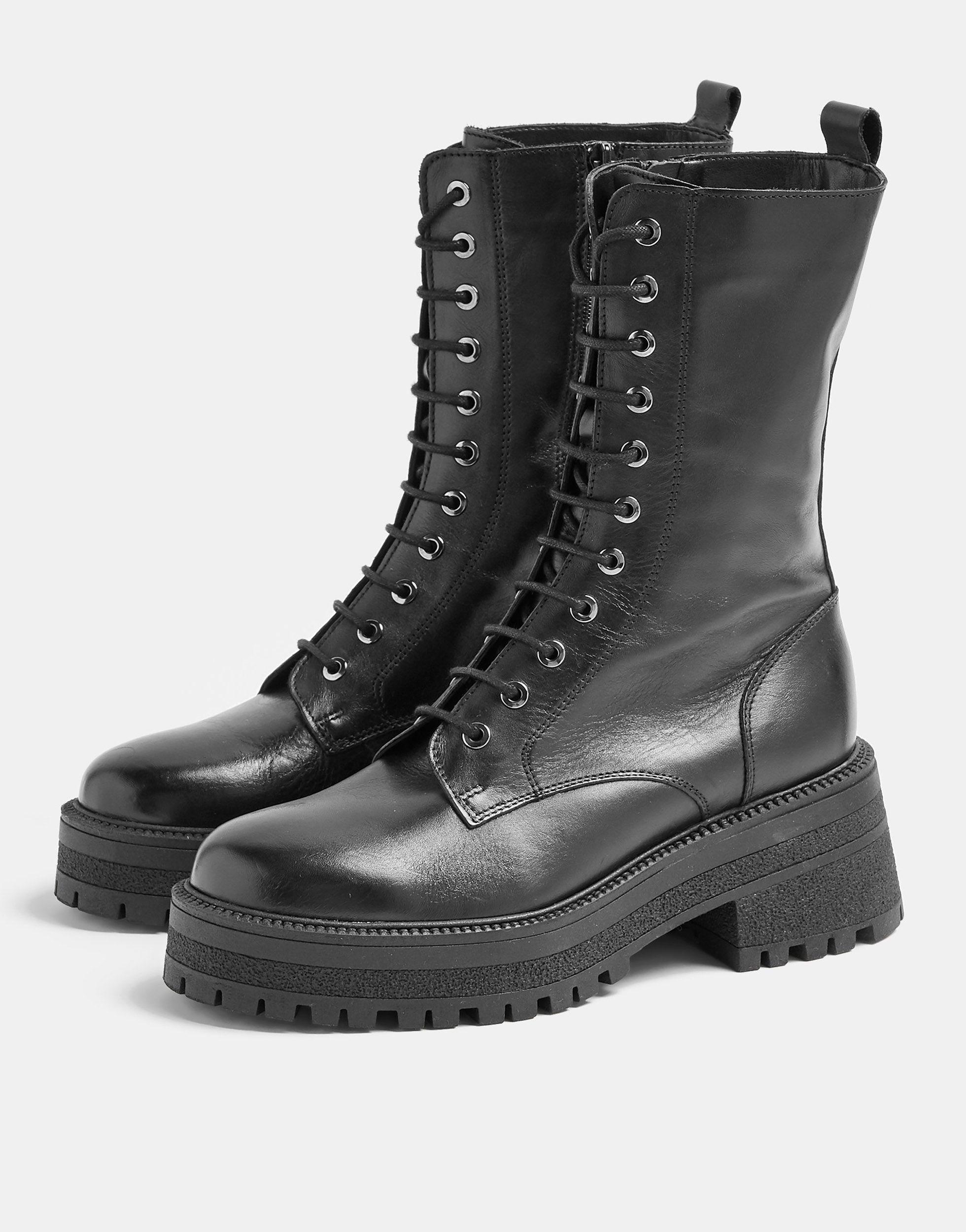 new look chunky flat lace up boot in black