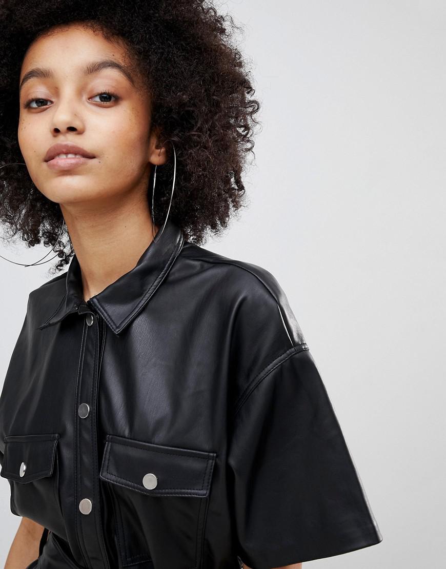 Bershka Button Front Leather Look Mini Dress in Black | Lyst Canada