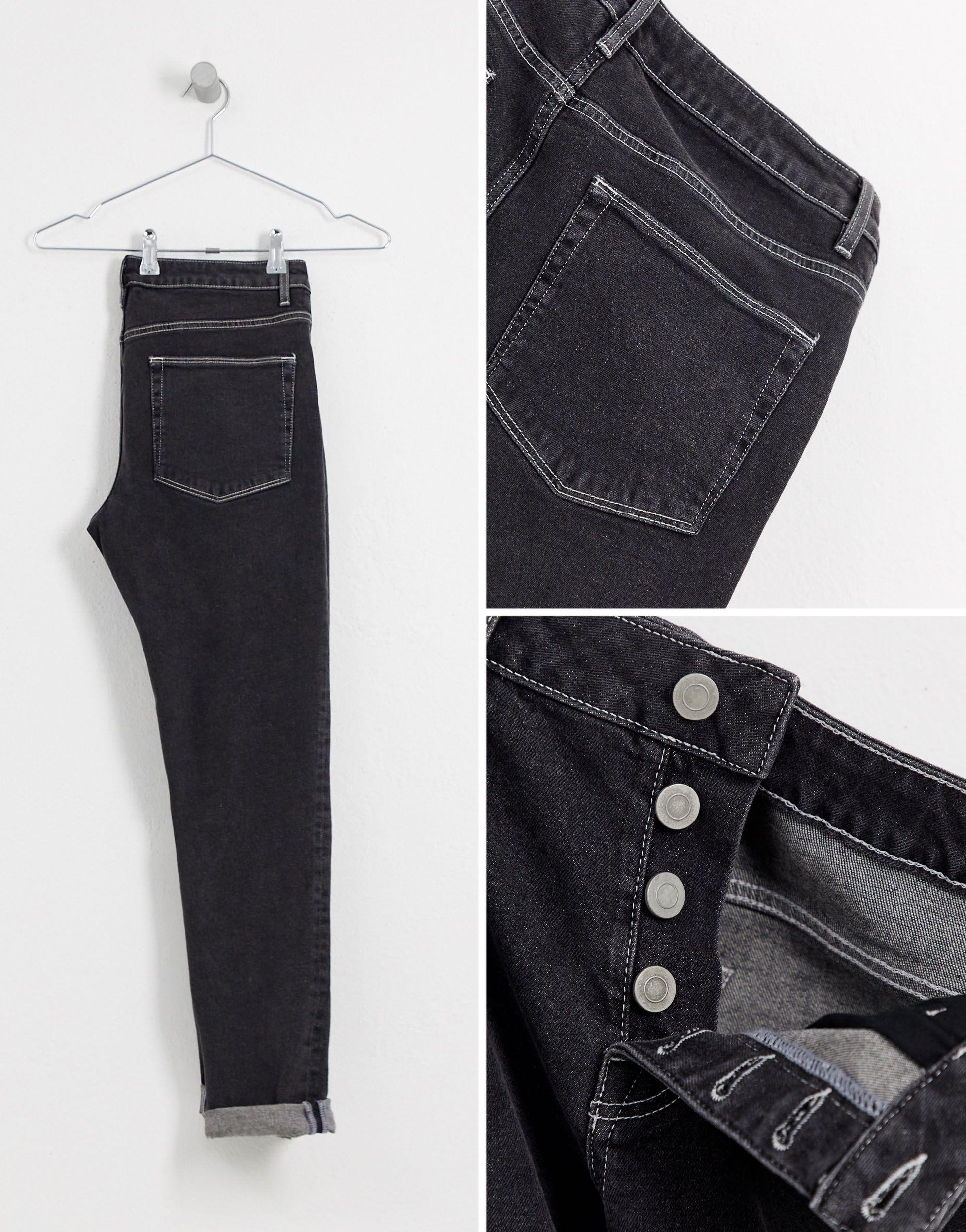ASOS Denim Stretch Slim Jeans With Exposed Button Fly in Black for Men