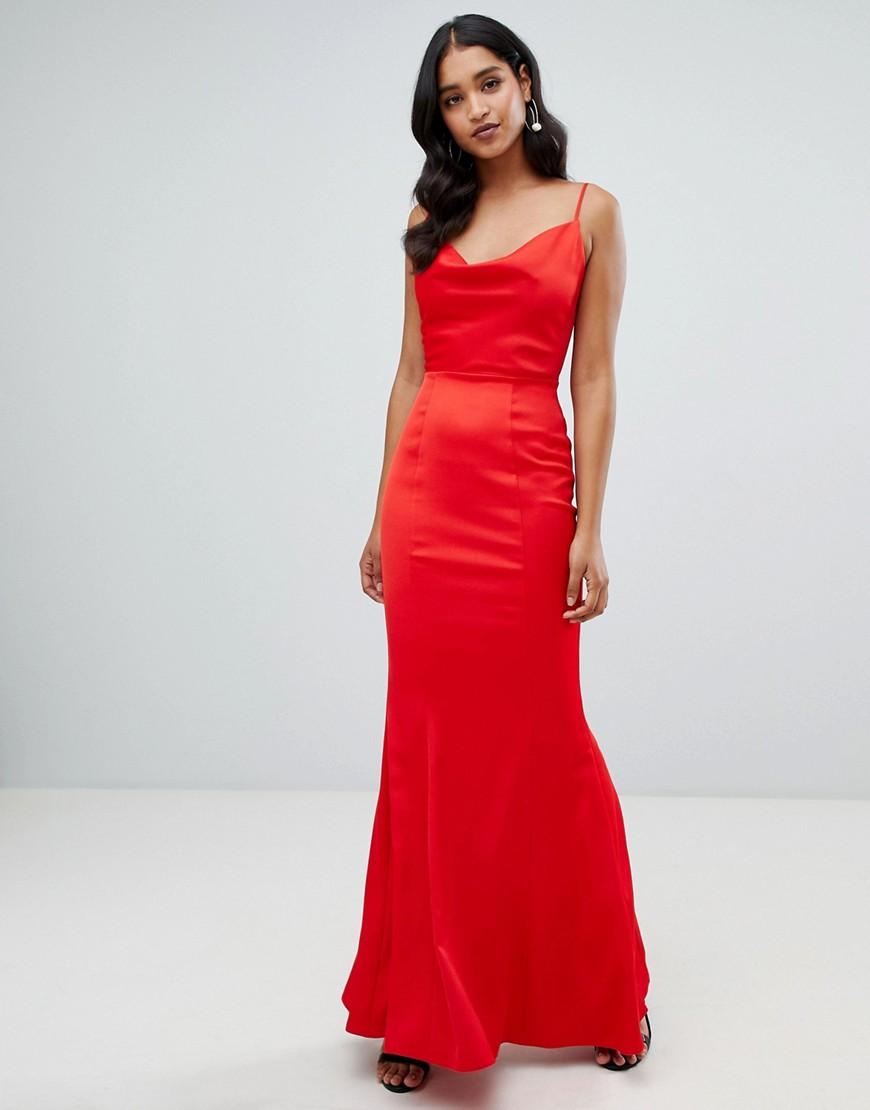 red cowl neck maxi slip dress