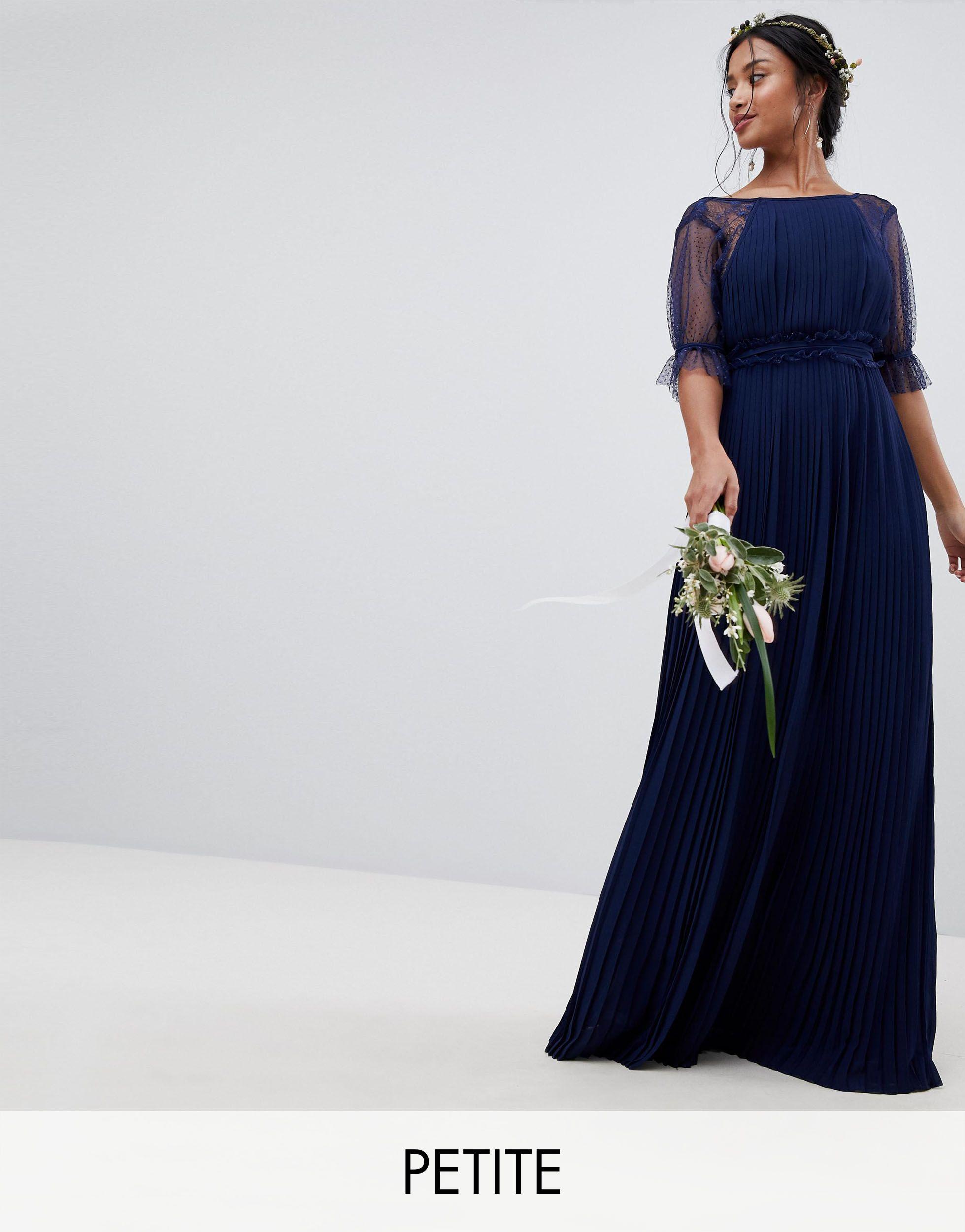 tfnc petite pleated maxi bridesmaid dress with spot mesh frill detail
