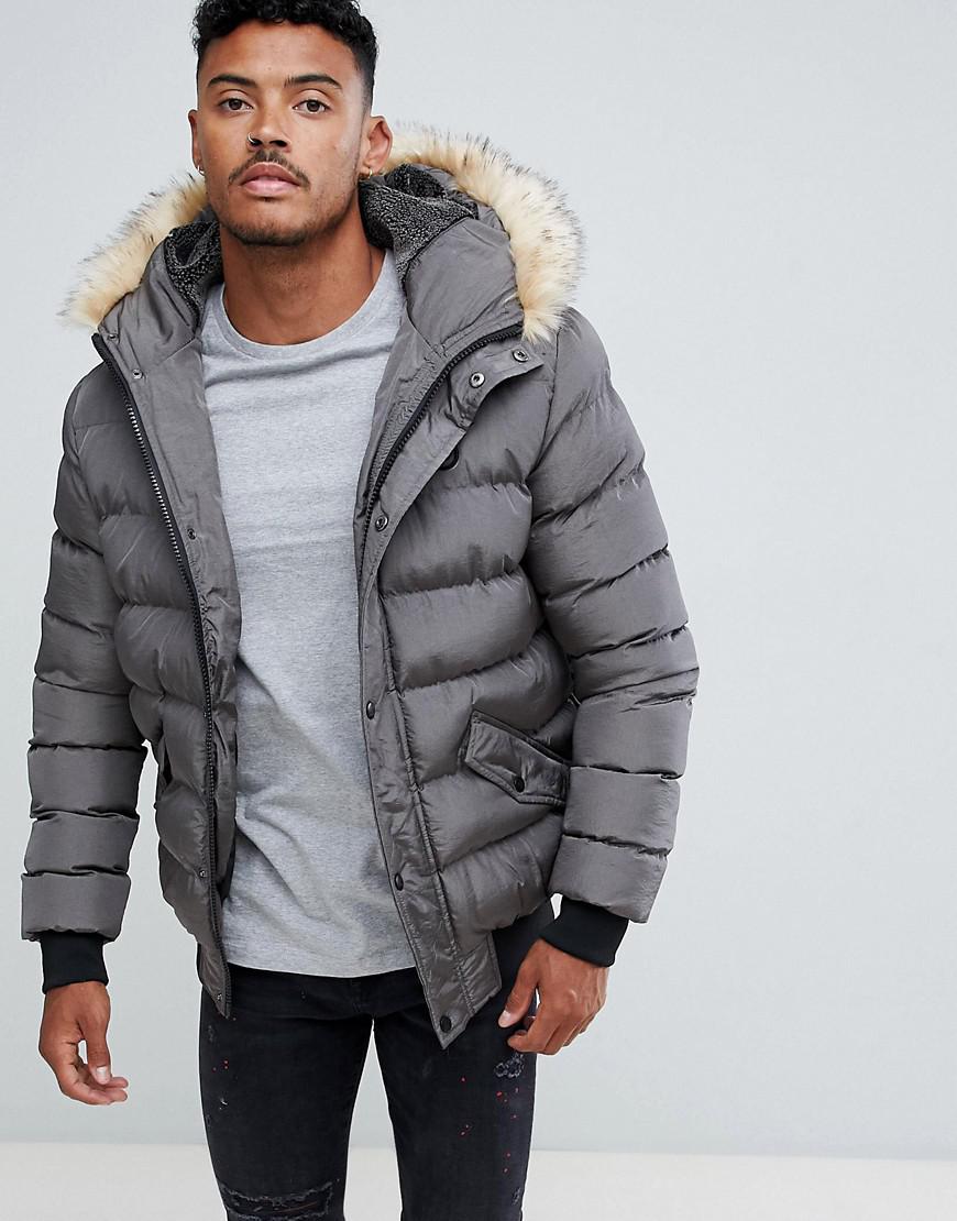 SIKSILK Puffer Jacket With Faux Fur Hood In Gray for Men - Lyst
