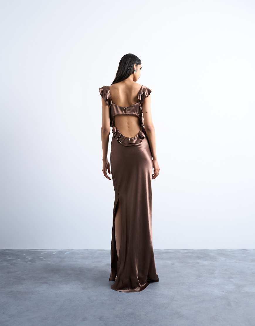 Vestido Lencero Marrón Intenso Con Volantes En Los Hombros De