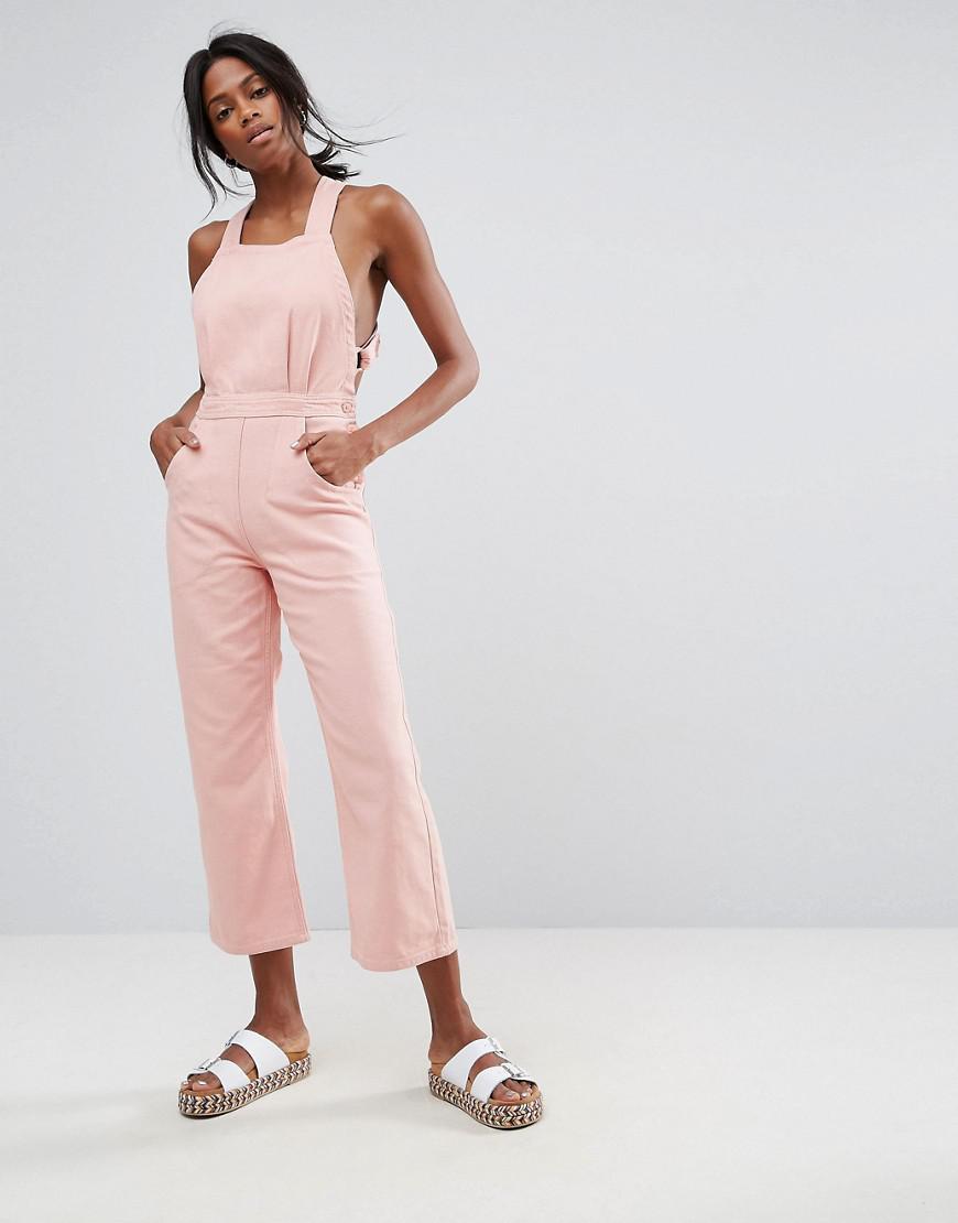 ASOS Denim Halter Jumpsuit In Soft Pink 