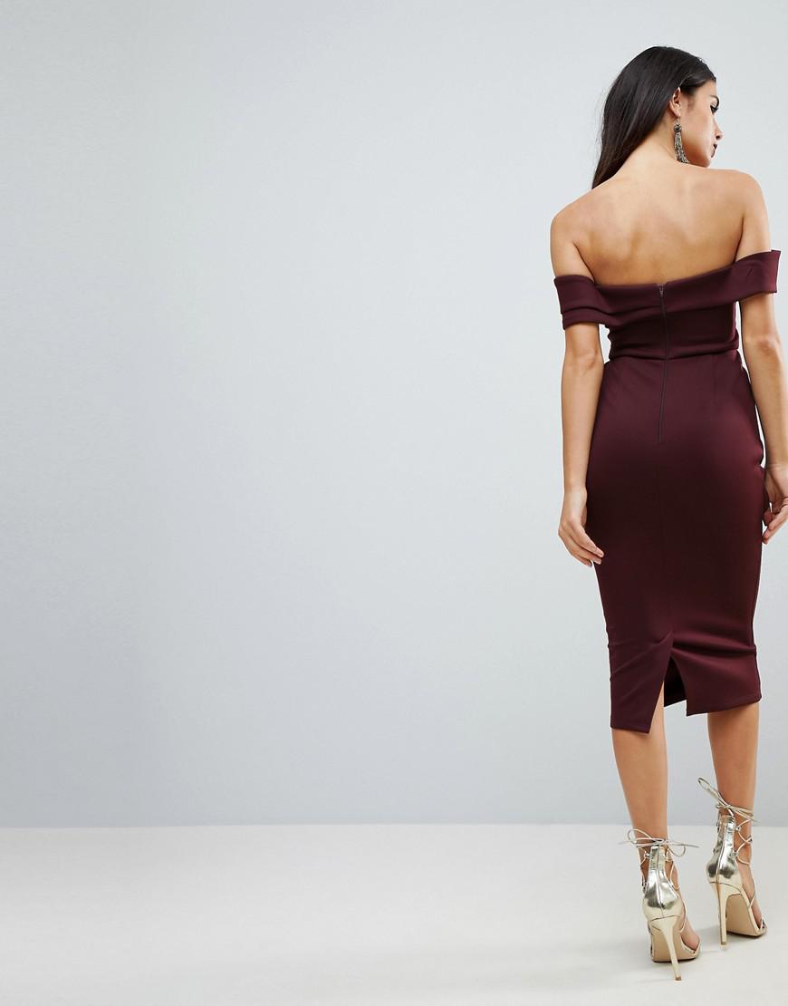 asos design bardot fold wrap front midi pencil dress