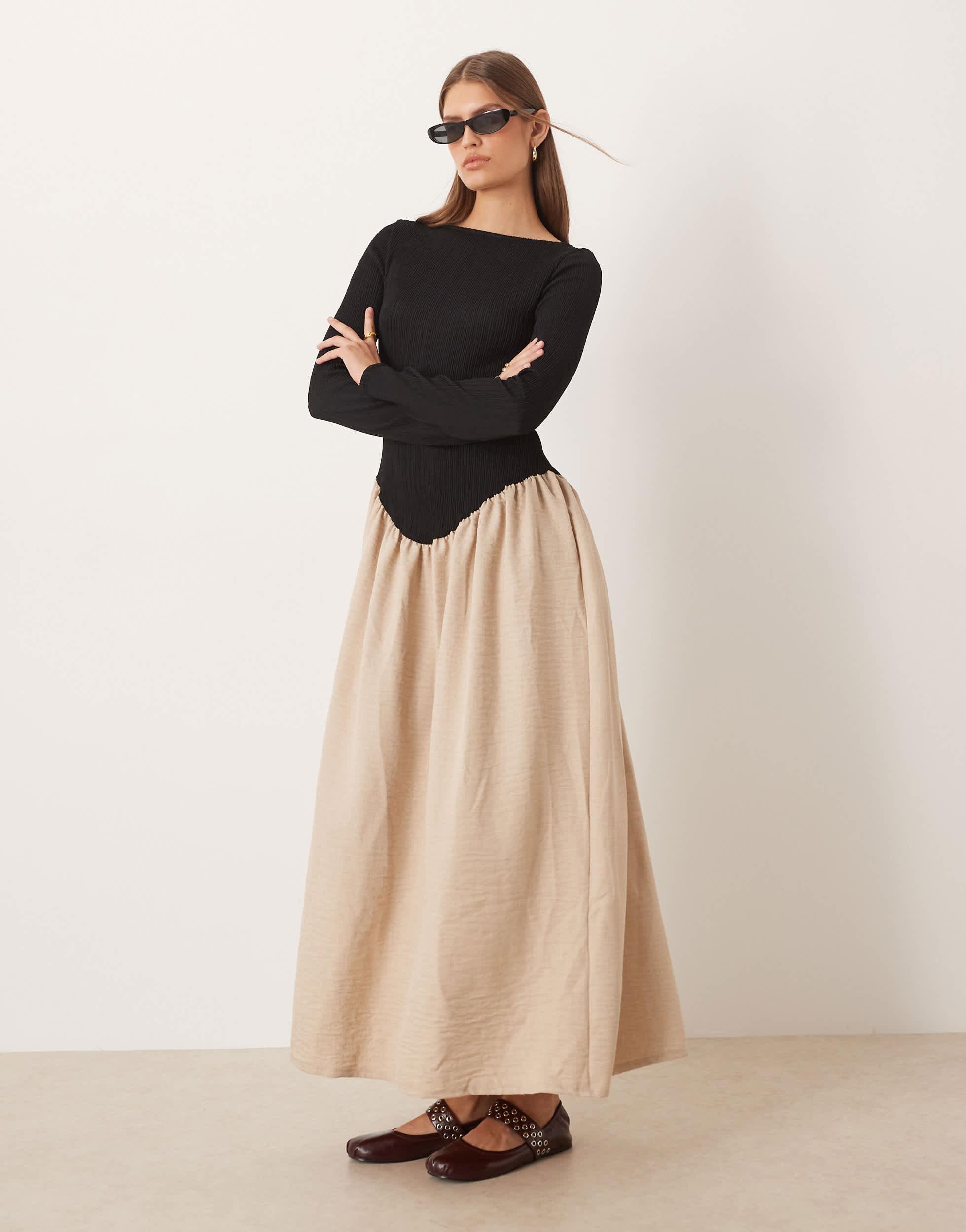 ASOS Long Sleeve Slash Neck Dipped Dropped Waist Midi Dress in Natural |  Lyst