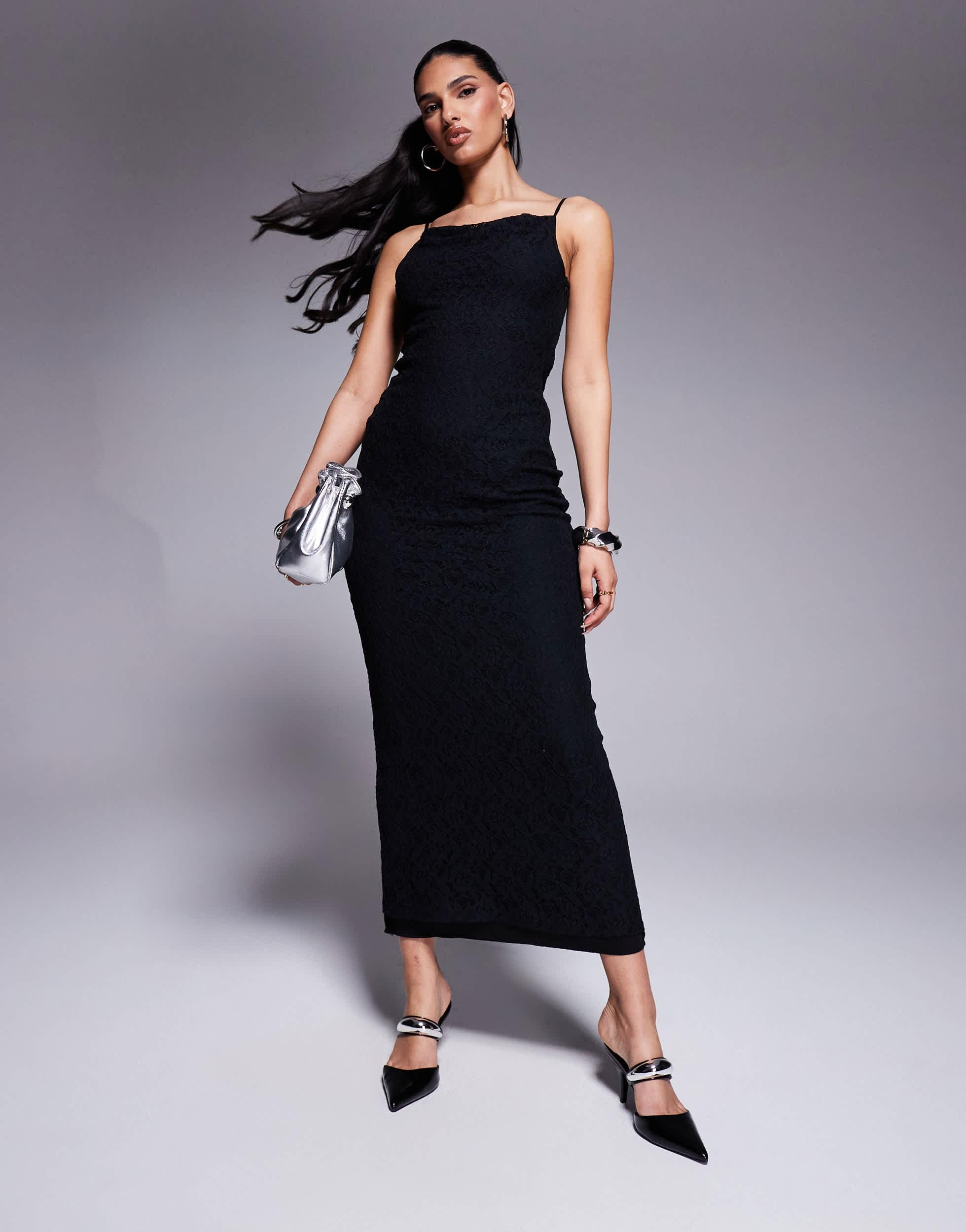 ASOS Cowl Neck Cami Lace Maxi Dress With Mesh Panel in Black | Lyst