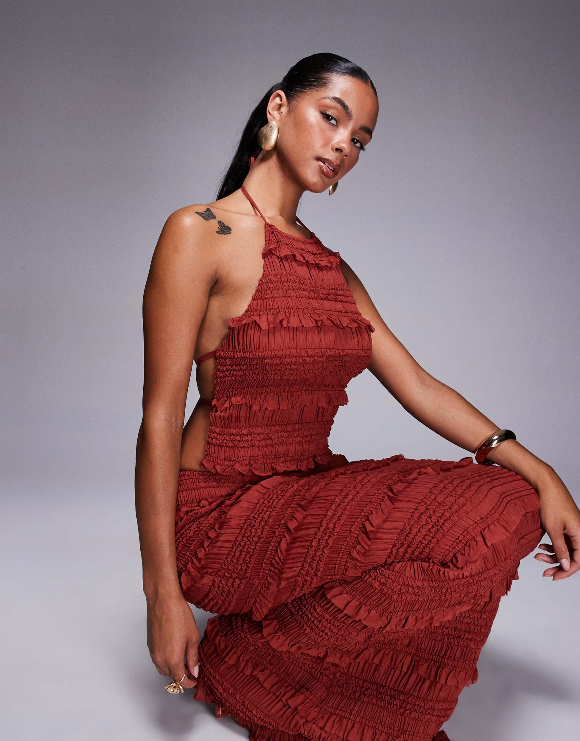 Oh Polly Natesha Ruffled High Neck Backless Top in Red | Lyst