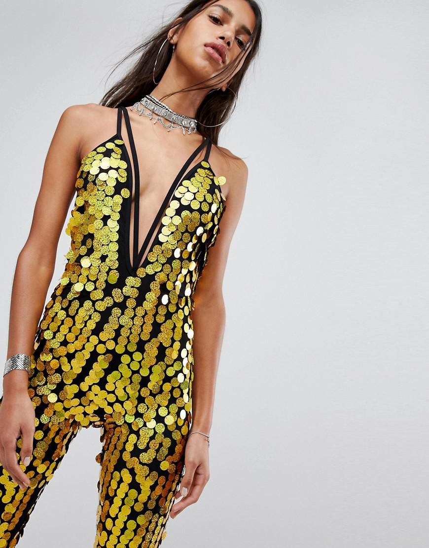 yellow sequin jumpsuit