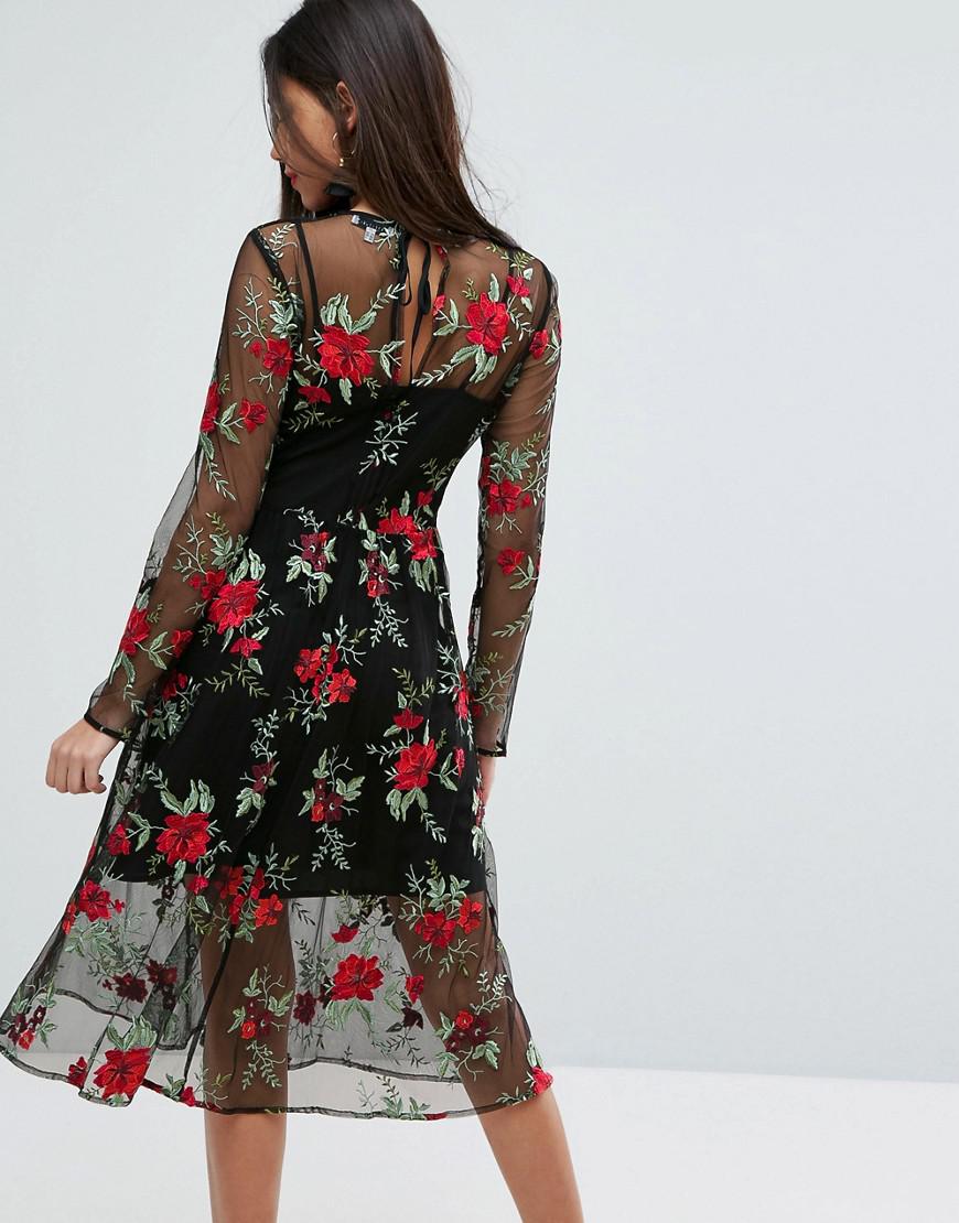 red floral embroidered dress