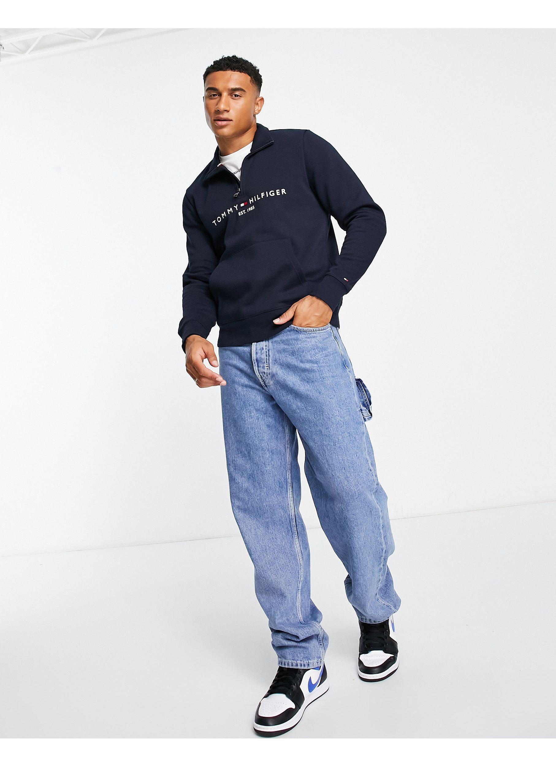 Tommy Hilfiger Embroidered Logo Half Zip Sweatshirt in Blue for Men | Lyst