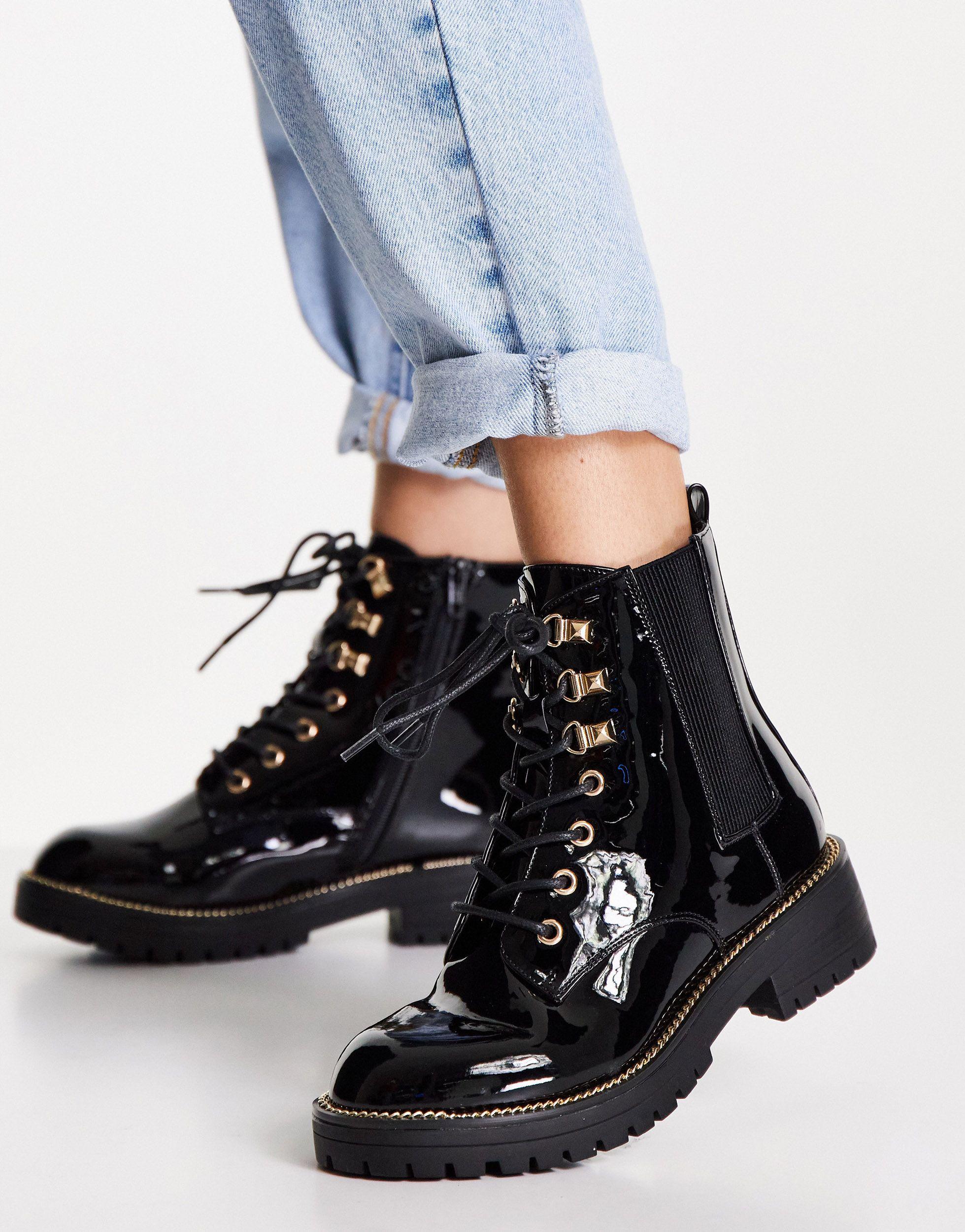 River Island Wide Fit Patent Chunky Lace Up Boot in Black | Lyst UK