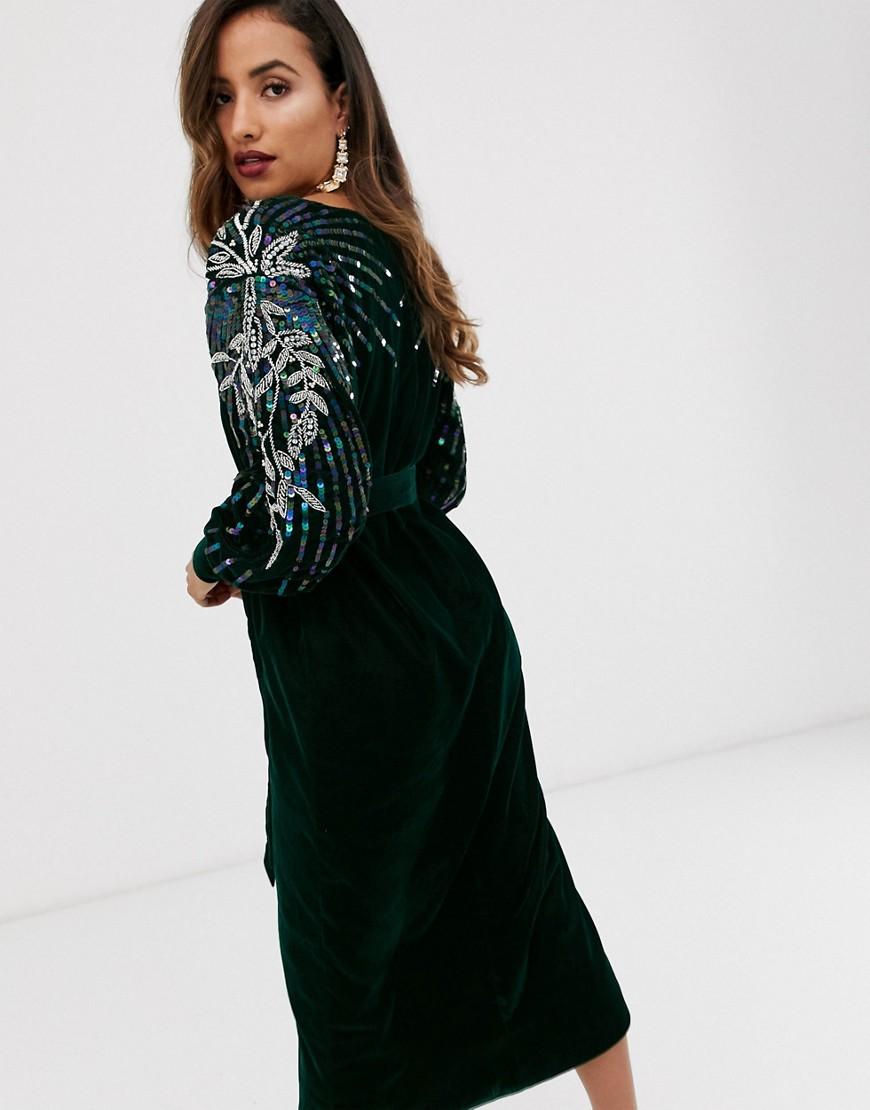 ASOS Velvet Wrap Midi Dress With Embellished Placement-green | Lyst