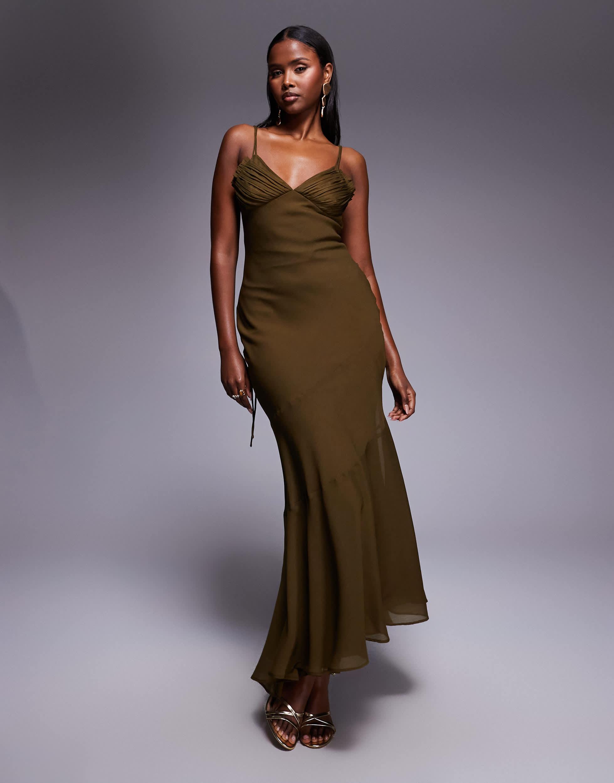 brown fishtail dress ASOS Bias Cut With Micro Double Layer Bust in Size:XL-12 back fastening for a ZAPAKA Women Navy Mother tiktok exclusive