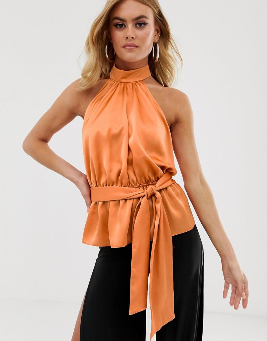 ASOS Halter Top With Tie Detail In Satin in Orange - Lyst