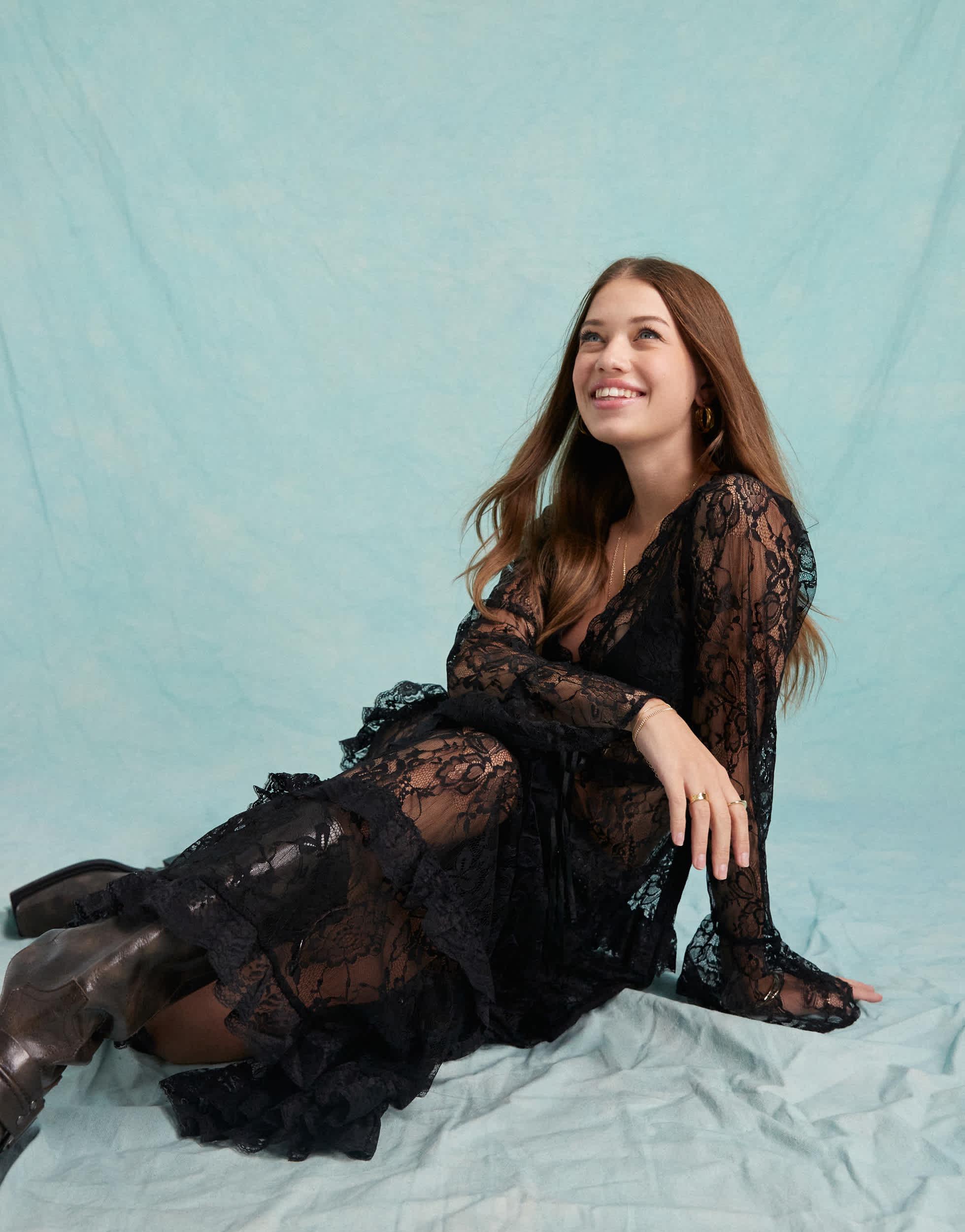 Miss Selfridge Lace Ruffle Maxi Dress in Green | Lyst