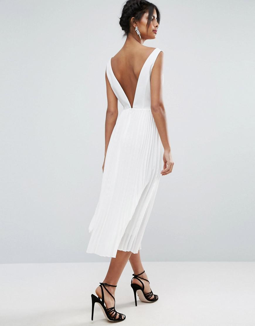 ASOS Deep V Pleated Midi Dress in White | Lyst