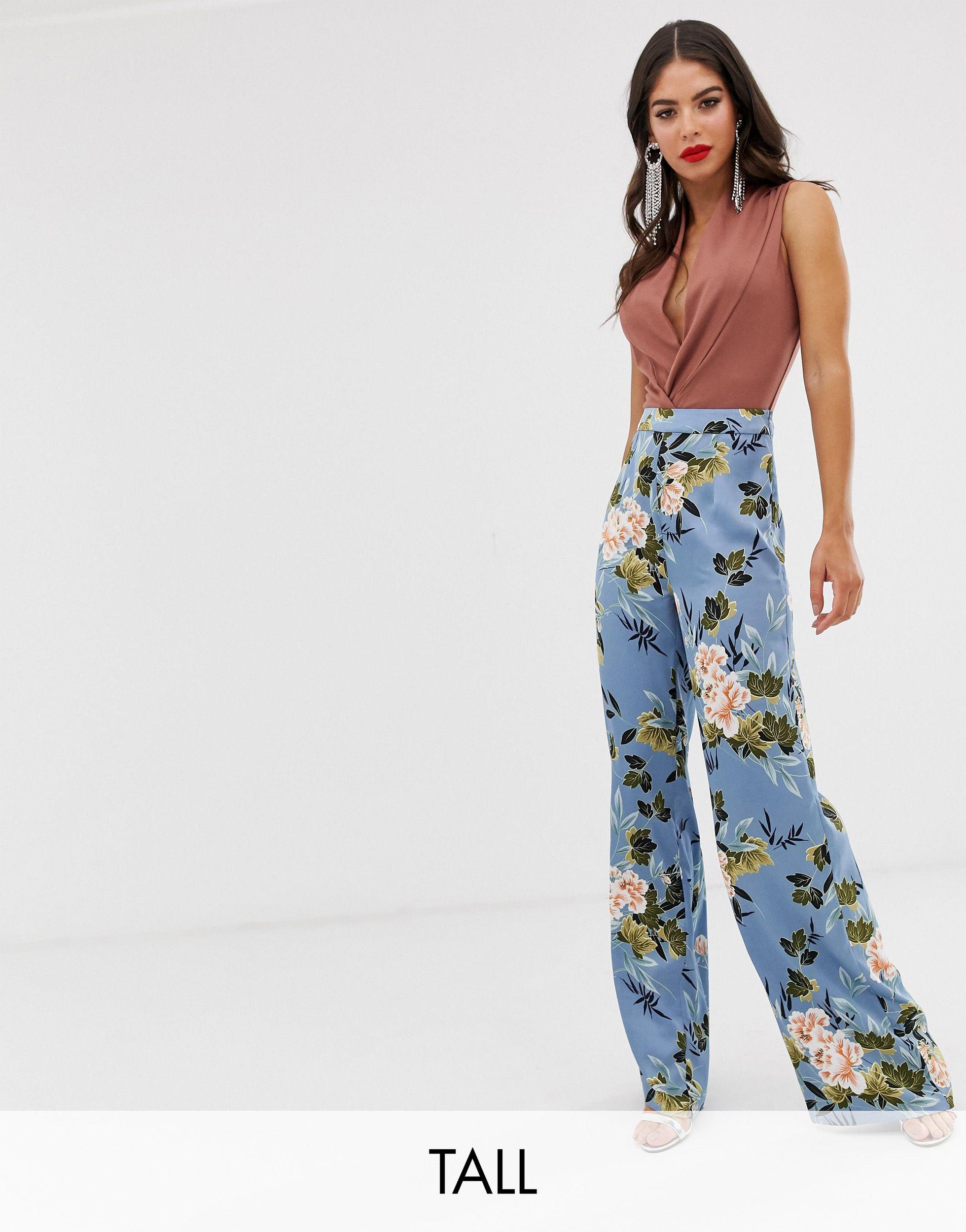 Missguided Satijn Satijnen Broek Met Wijde Pijpen En Bloemenprint in het  Blauw - Lyst