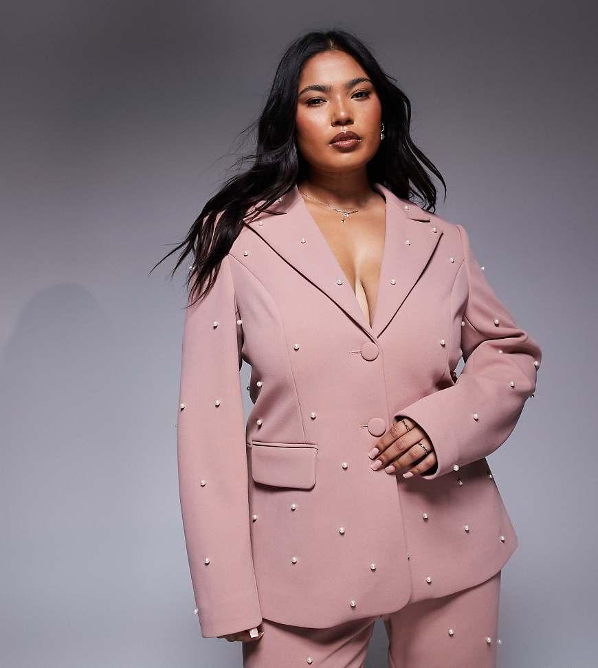 ASOS Curve Pearl Embellished Tailored Blazer Co-Ord in Pink Lyst UK