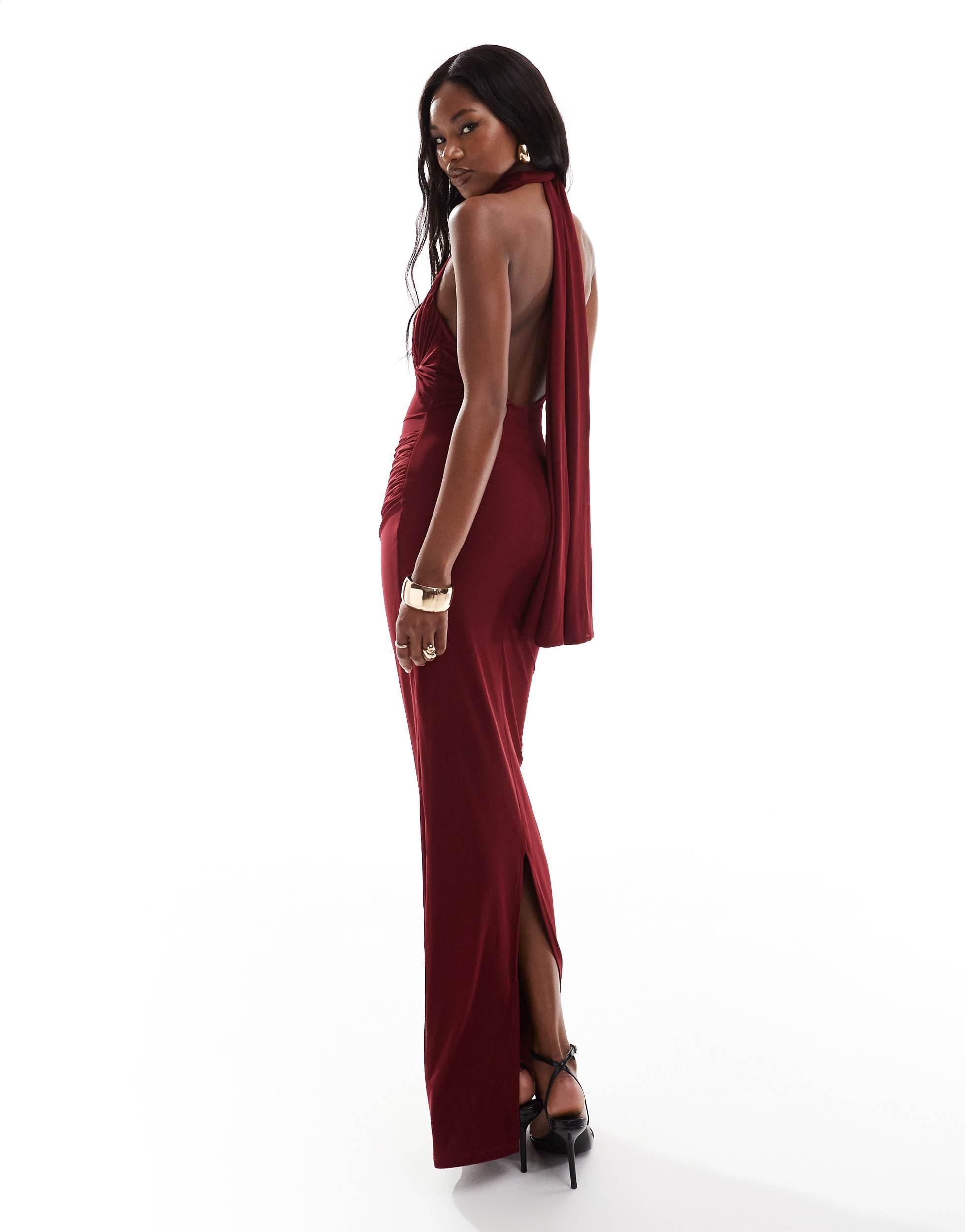 ASOS Mesh Twist Bust Detail Halter Maxi Dress With Tie Back Neck in Red