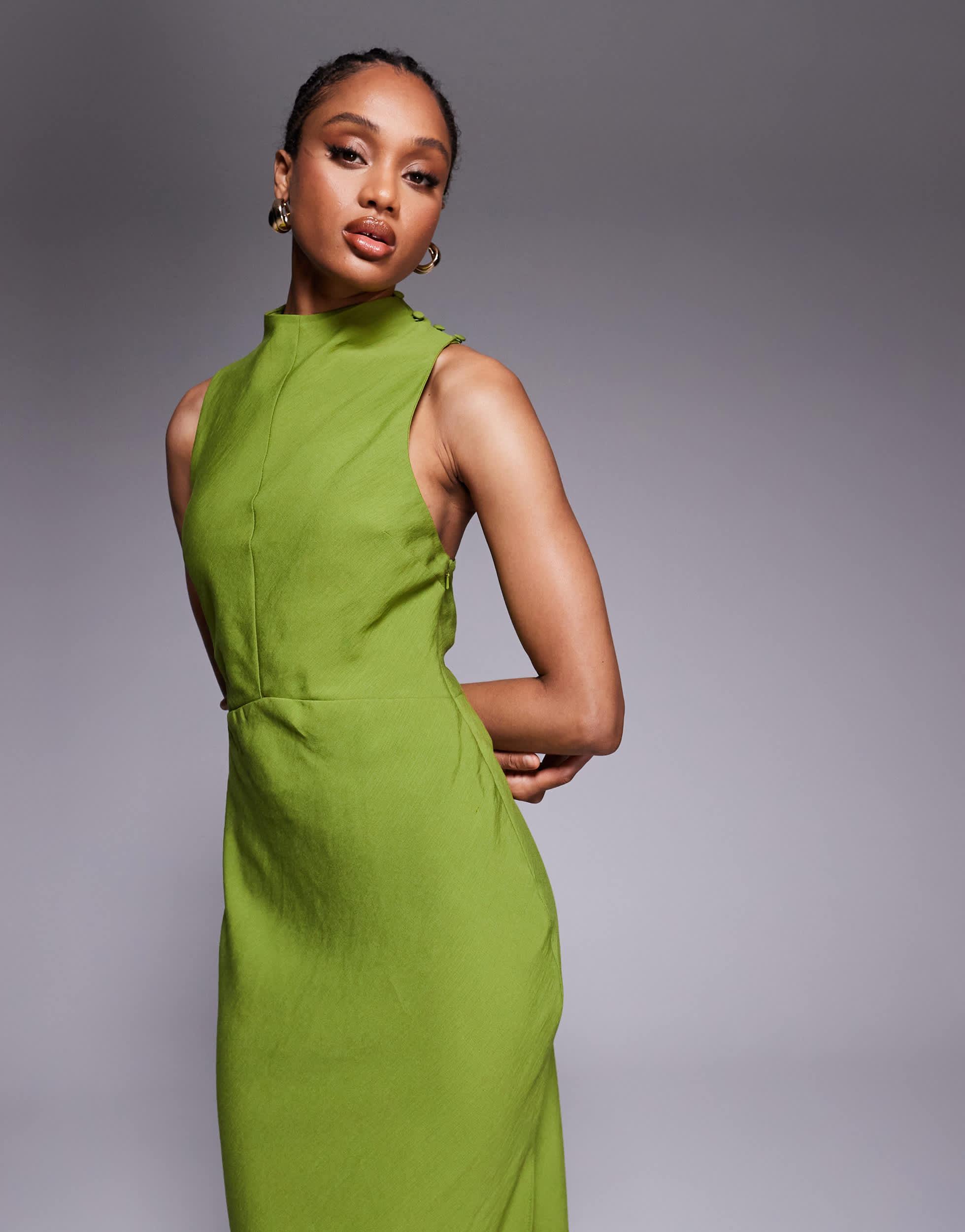 high neck green maxi dress Eden | Bottle Green High-Neck Maxi Dress With Ruched Detailing