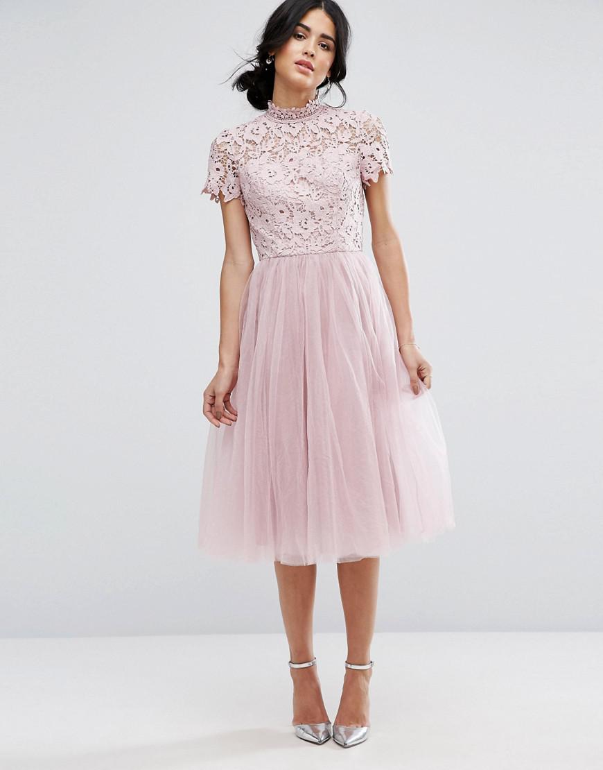 Chi Chi London High Neck Lace Midi Dress With Tulle Skirt in Pink | Lyst
