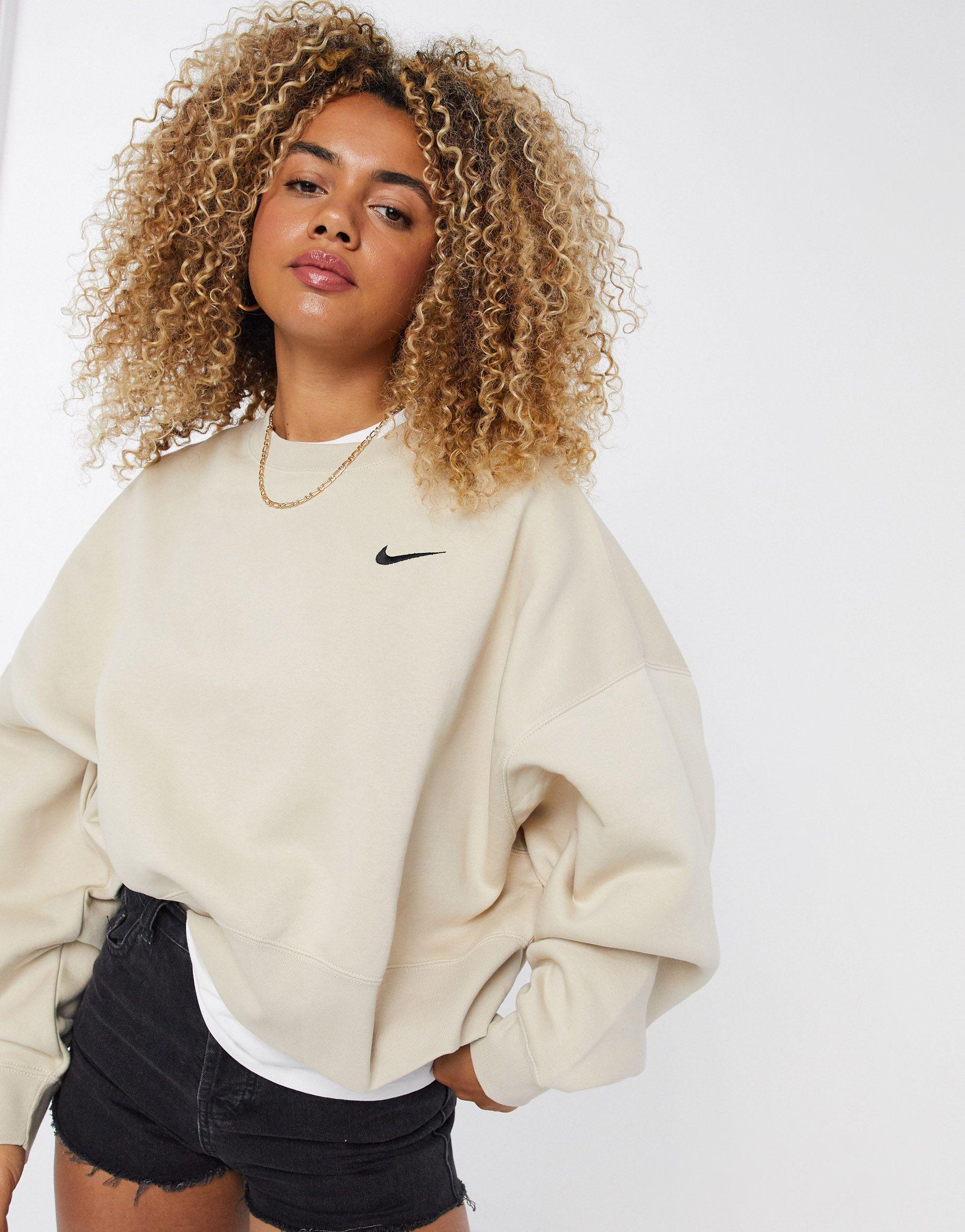 Nike Cotton Mini Swoosh Oversized Boxy Sweatshirt in Natural | Lyst