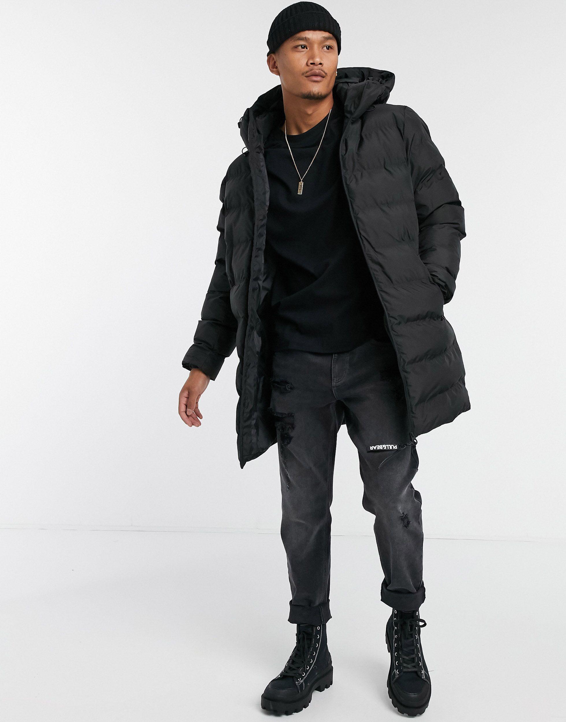 Pull&Bear Longline Puffer Jacket With Hood in Black for Men | Lyst