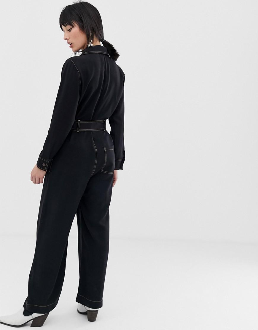 Mango Contrast Stitch Jumpsuit in Black | Lyst