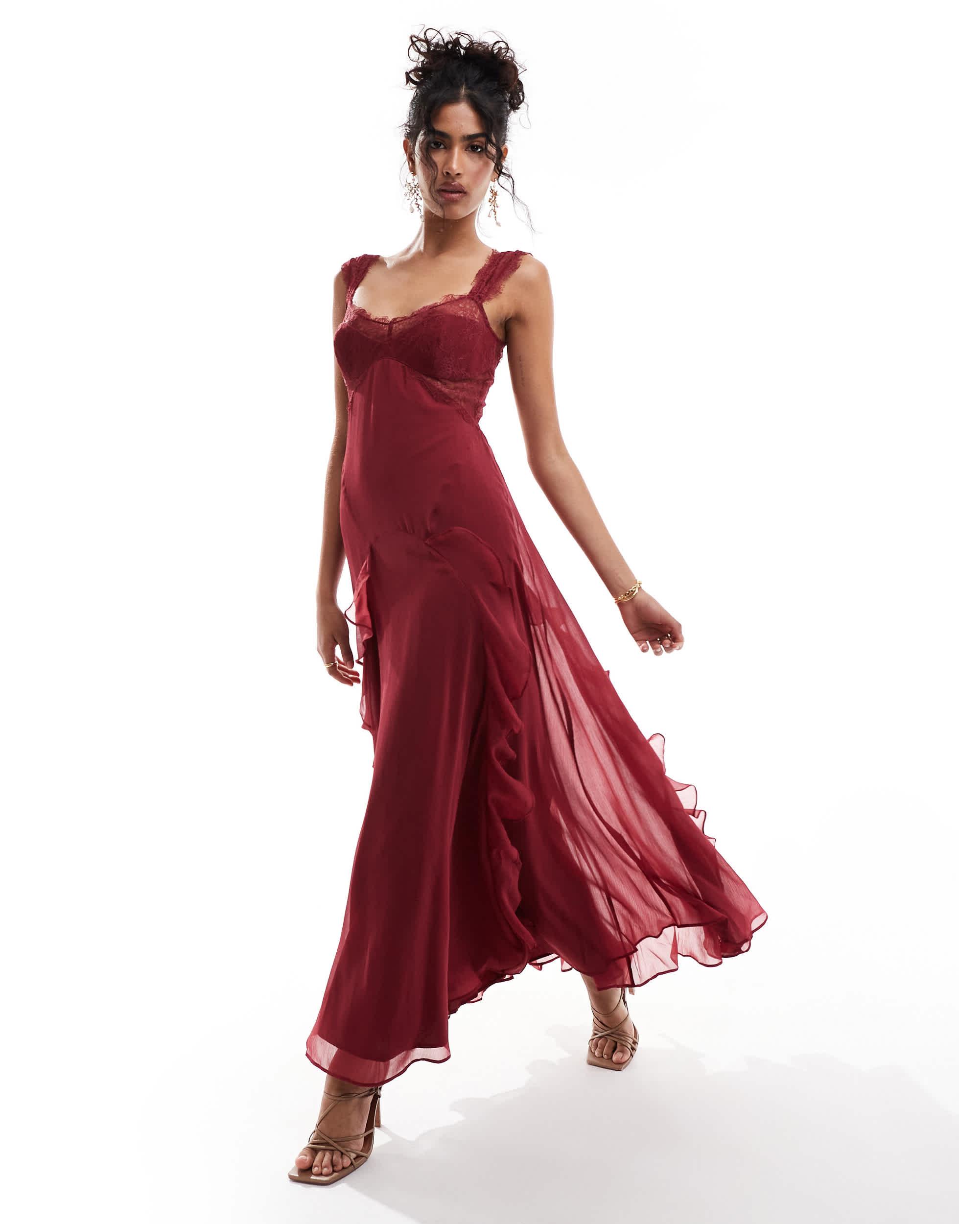 ASOS Lace Insert Frill Detail Midi Dress With Tie Back in Red | Lyst