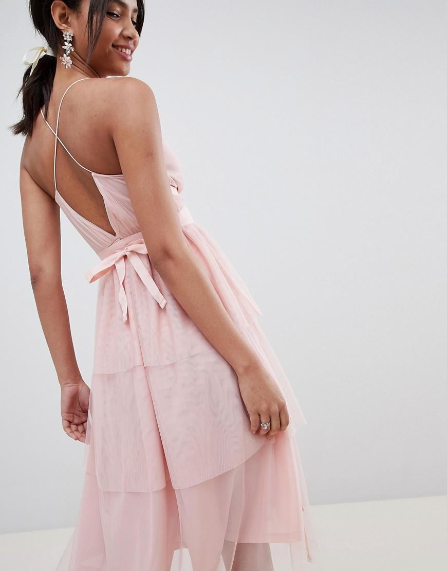 ASOS Tiered Tulle Midi Dress in Pink | Lyst
