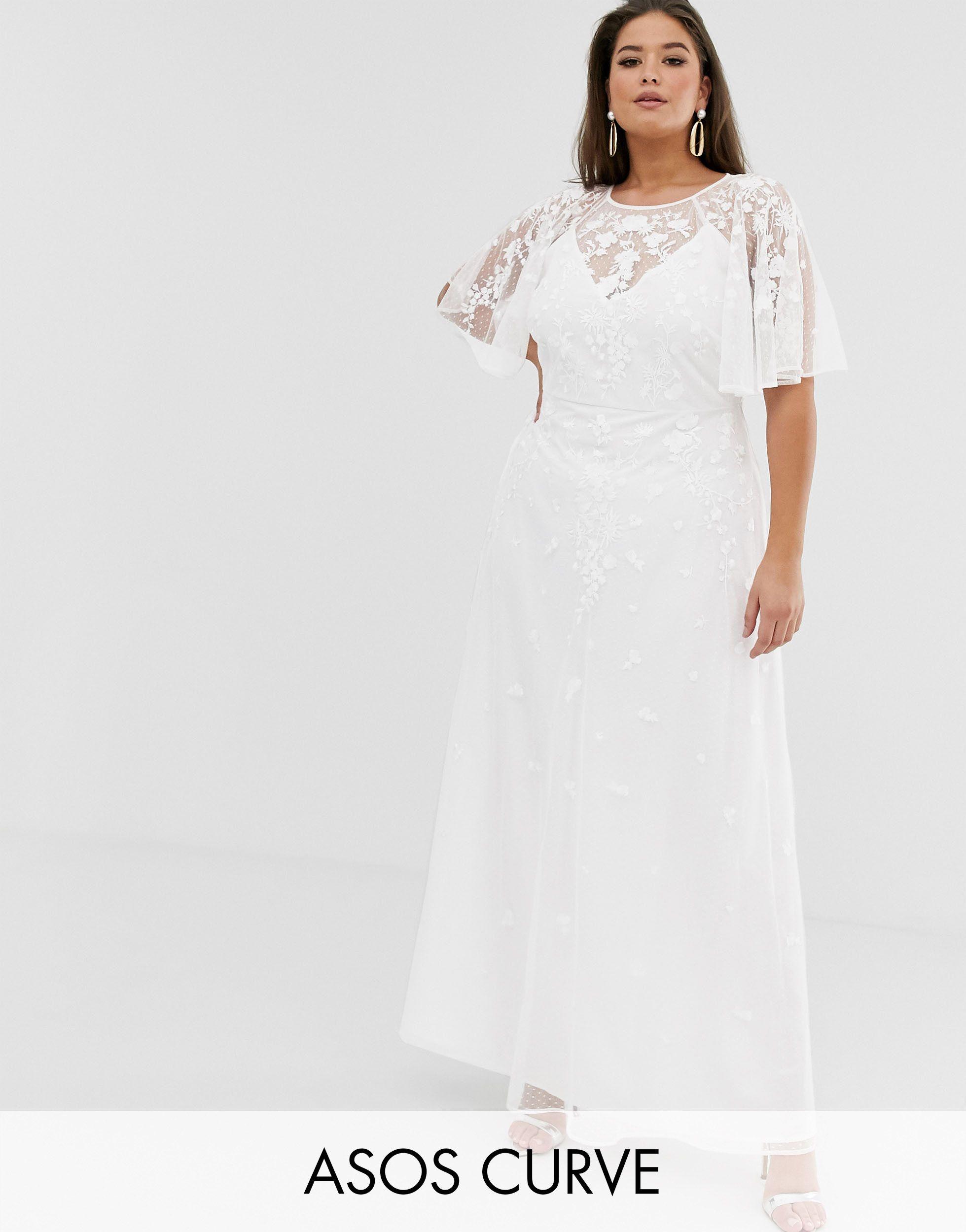 ASOS Synthetic Curve Embroidered Flutter Sleeve Maxi Wedding Dress ...