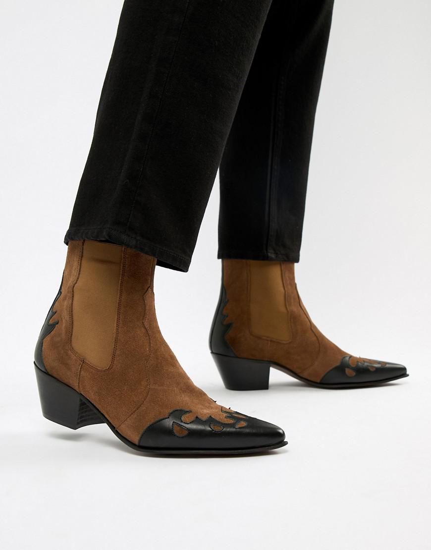 ASOS Stacked Heel Western Chelsea Boots In Tan Suede And Leather Mix in  Brown for Men | Lyst