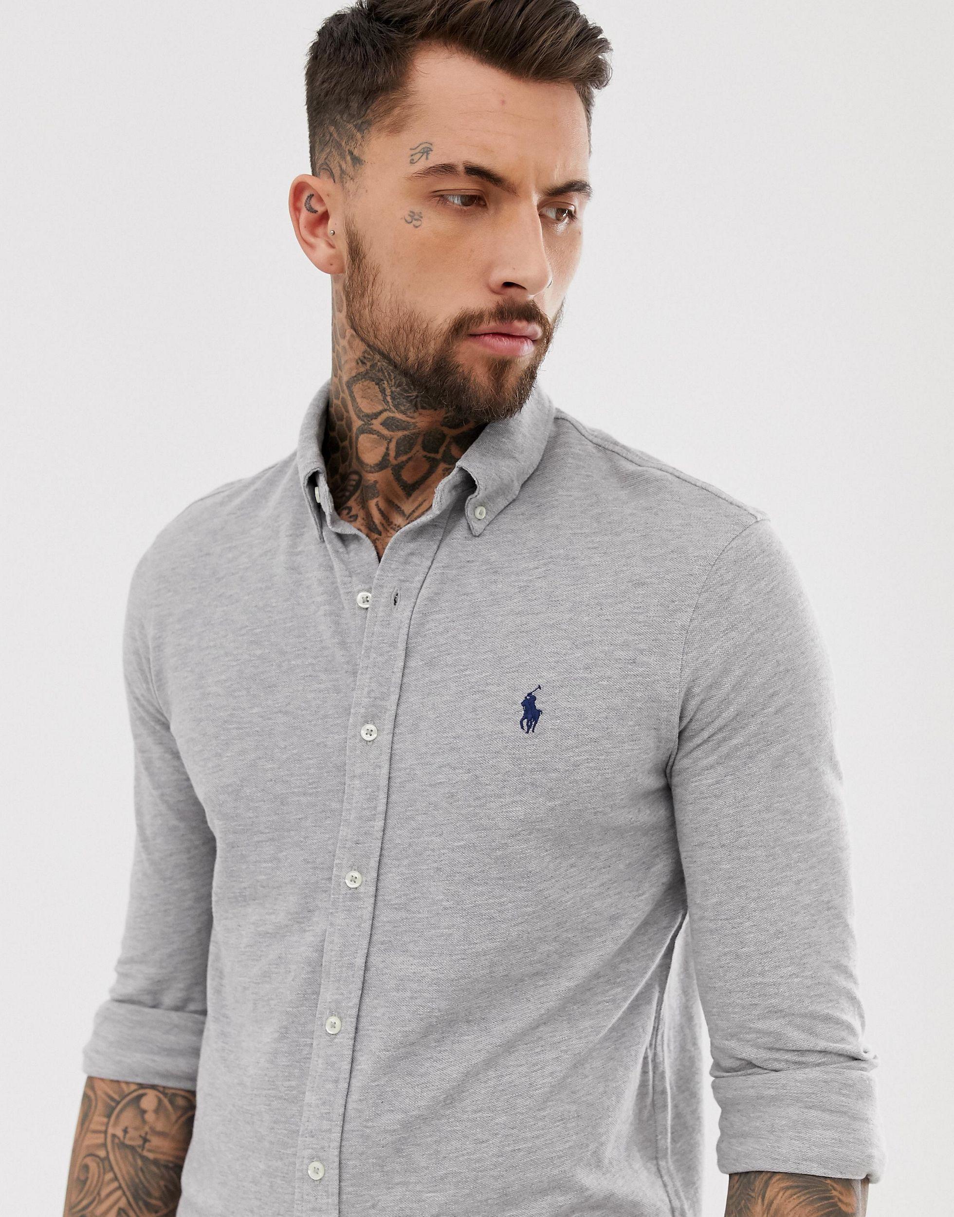 Polo Ralph Lauren Slim Fit Pique Shirt Player Logo Button Down in Grey for  Men | Lyst UK