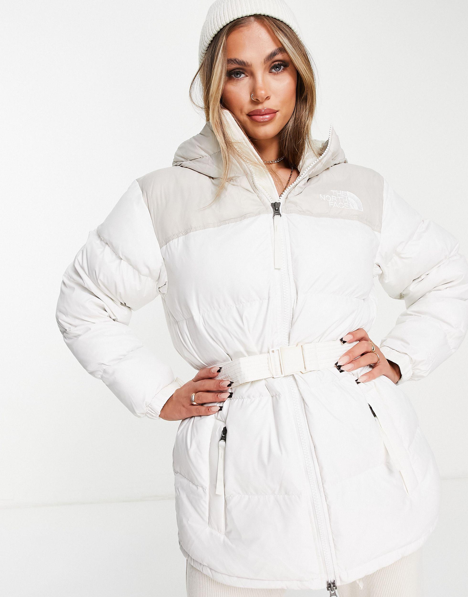 The North Face Nuptse Belted Mid Puffer Jacket in White | Lyst