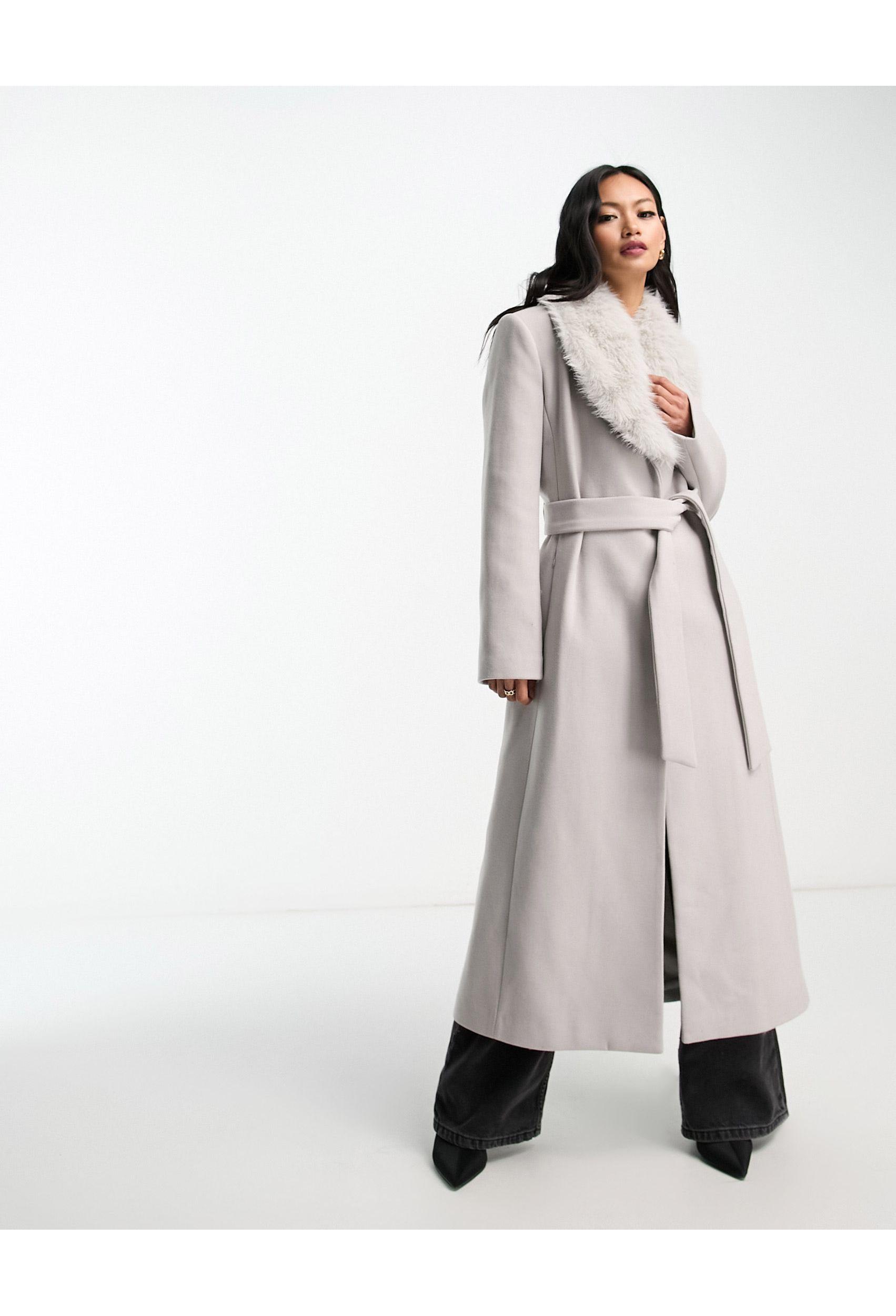Mango Faux Fur Trim Tailored Coat in White | Lyst