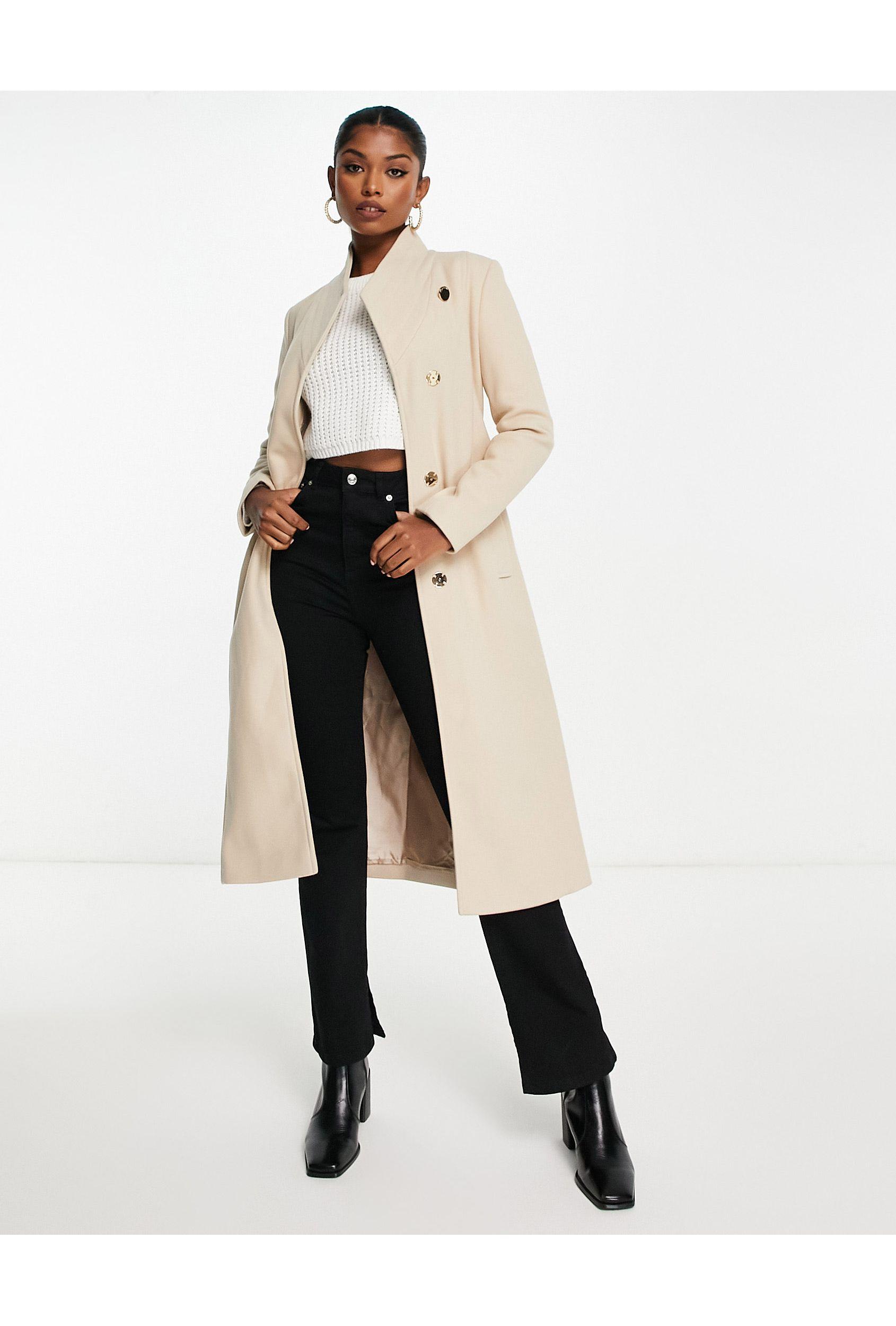 River Island Belted Funnel Neck Tailored Coat in White | Lyst