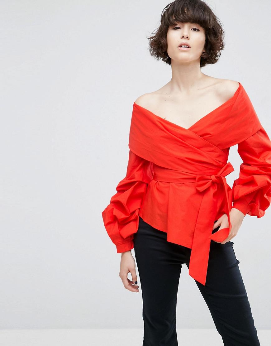 Lyst Asos Off Shoulder Wrap Shirt in Red