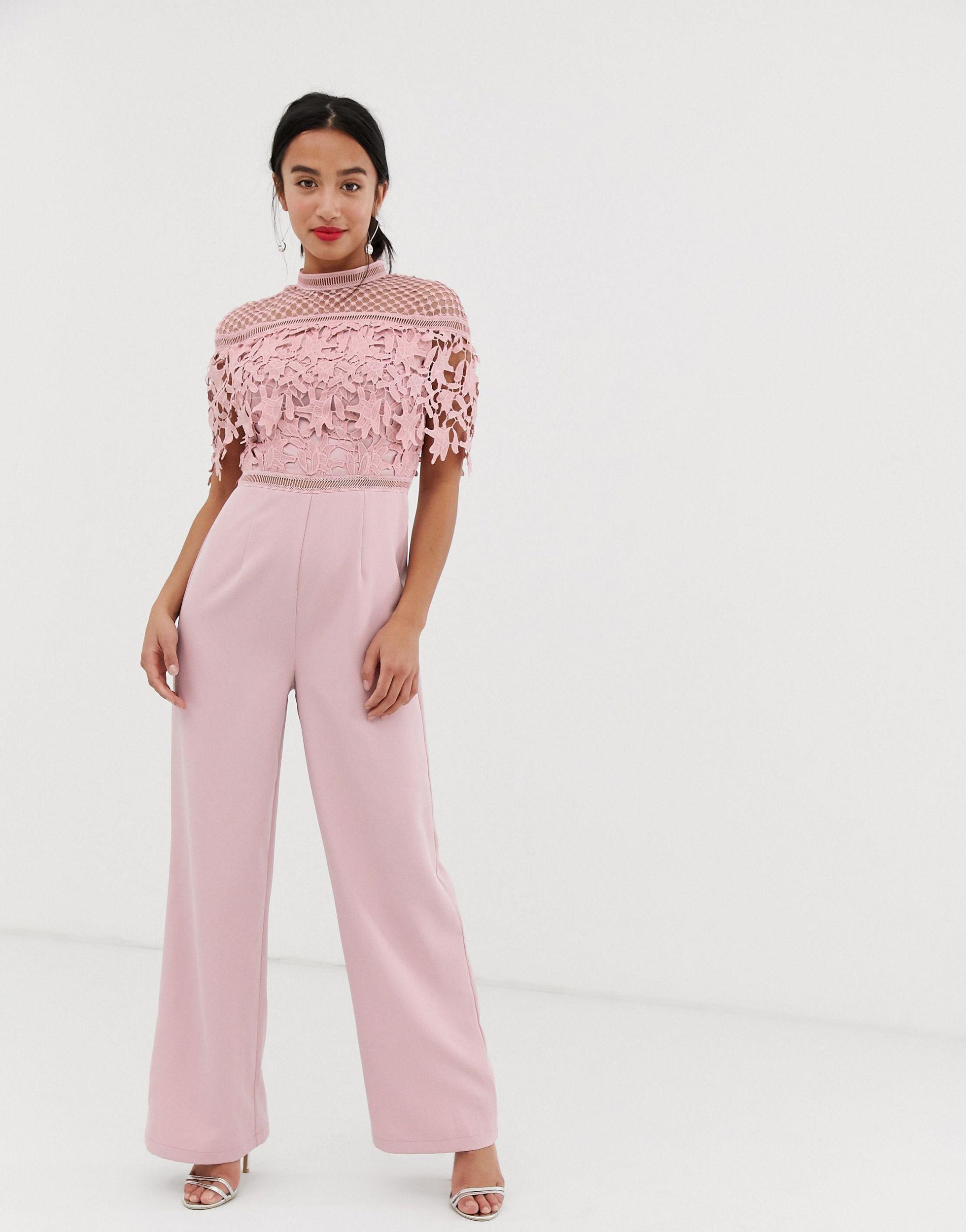 Chi Chi London High Neck Lace Top Jumpsuit in Pink | Lyst