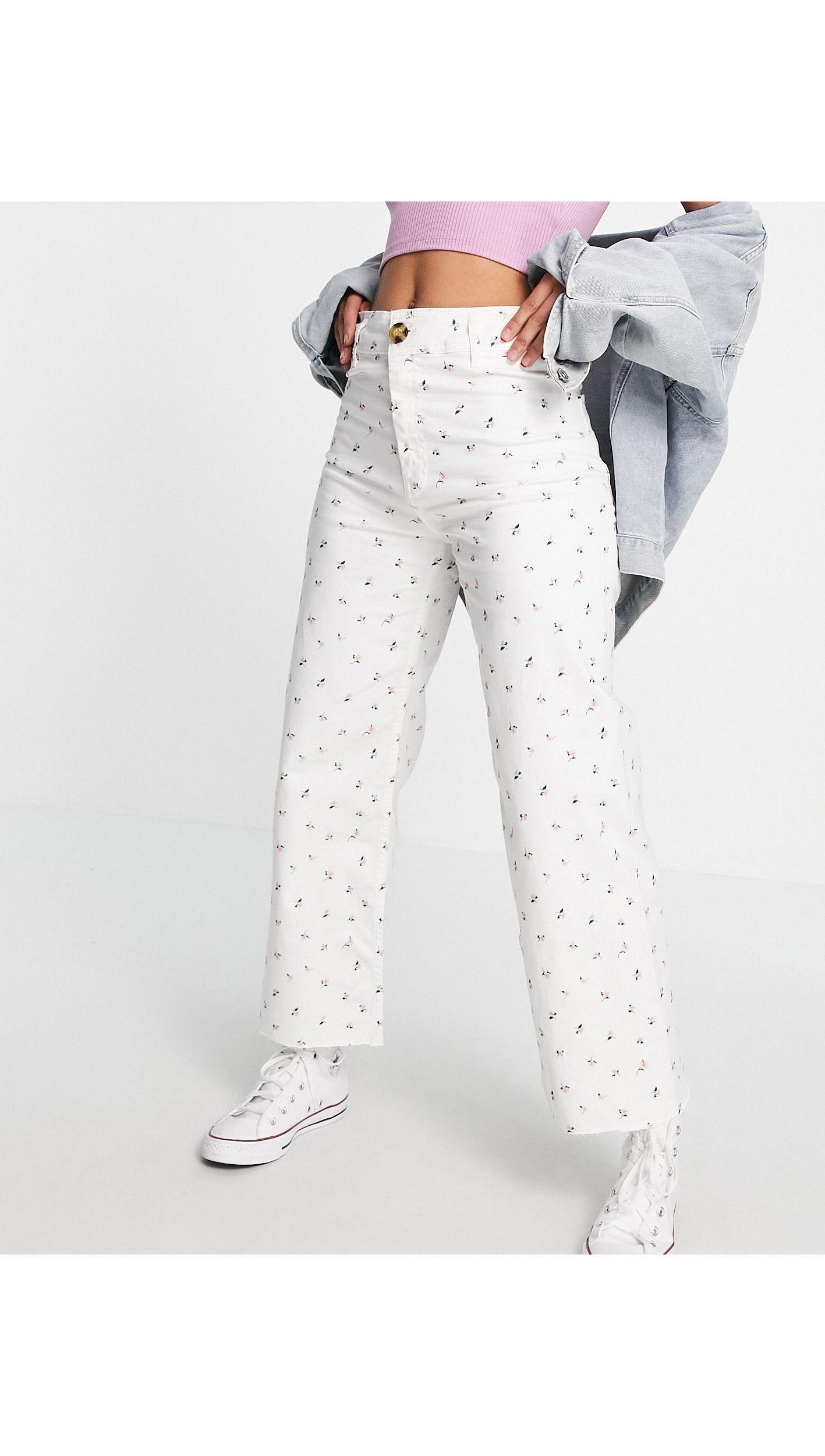 Stradivarius Floral Cropped Wide Leg Jean in White | Lyst UK