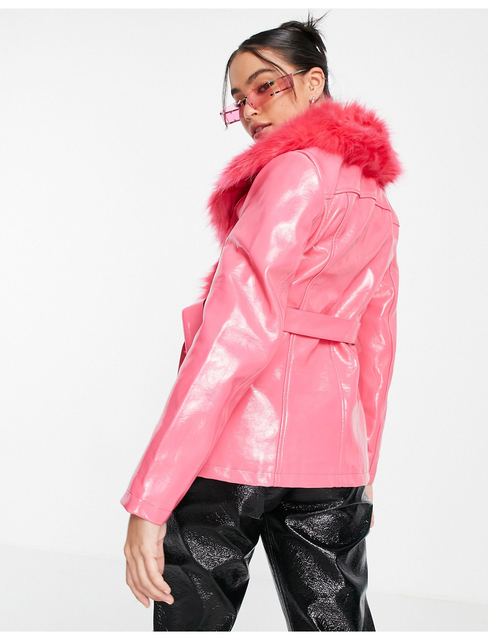 TOPSHOP Pu & Faux Fur Trim Belted Coat in Pink | Lyst