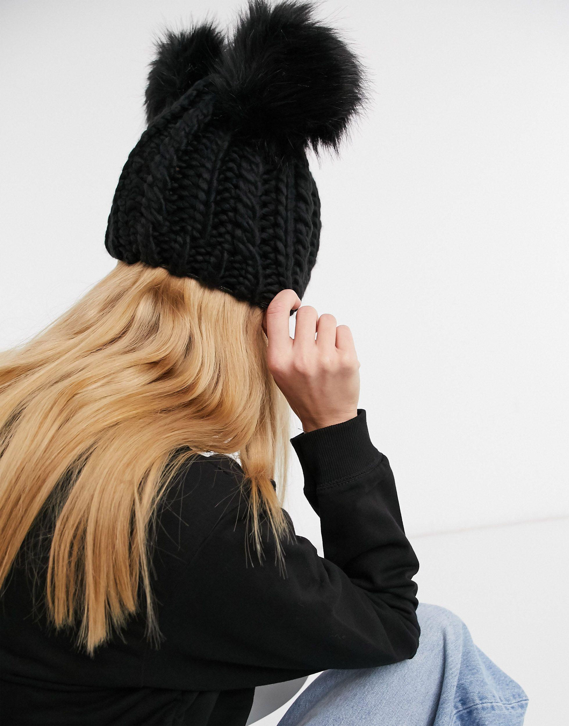 River Cable Knit Double Faux Fur Pompom Hat in Black - Lyst
