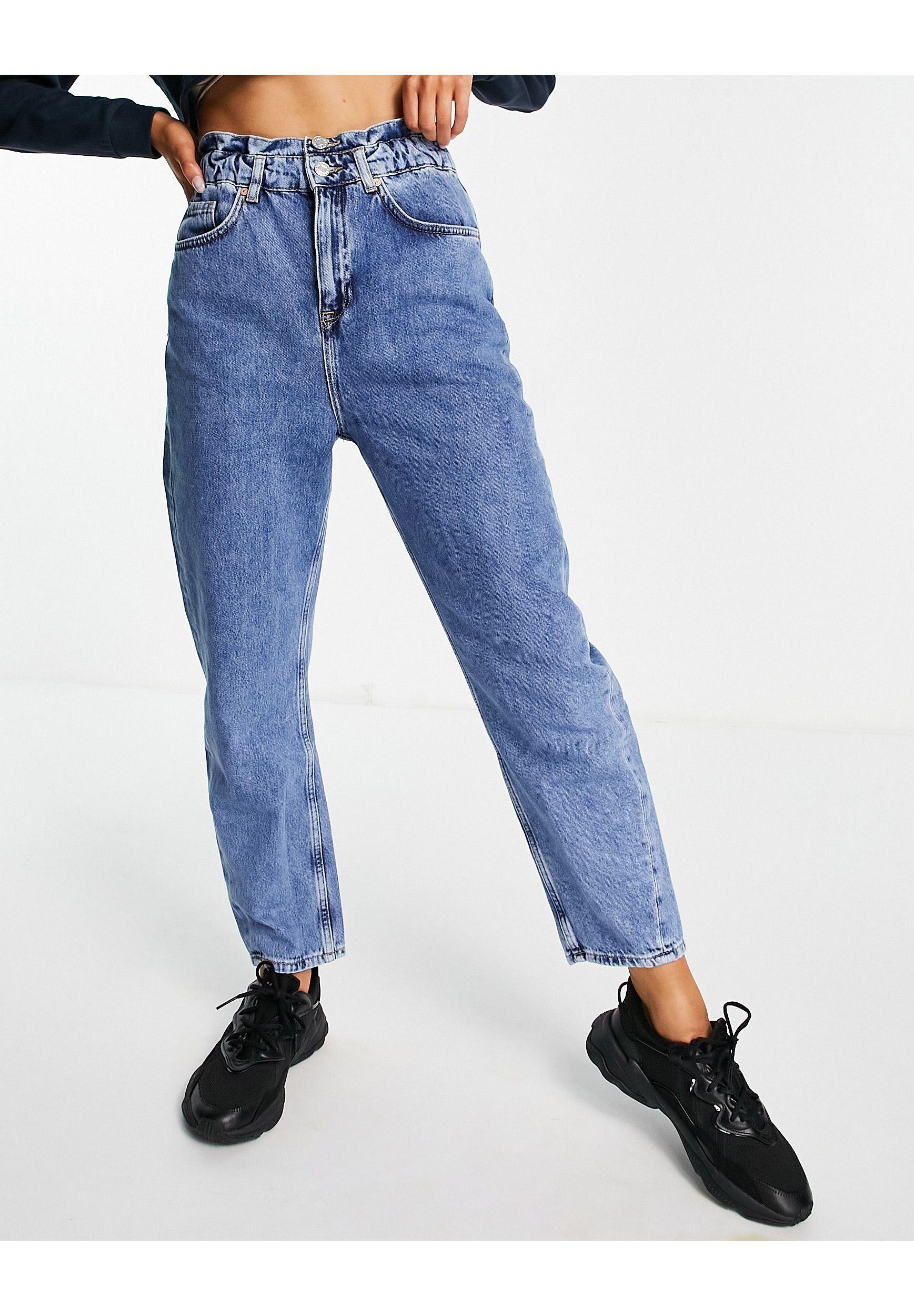 Mango Denim Mom Jean Met Dubbele Knoop En Elastische Taille in het Blauw |  Lyst NL