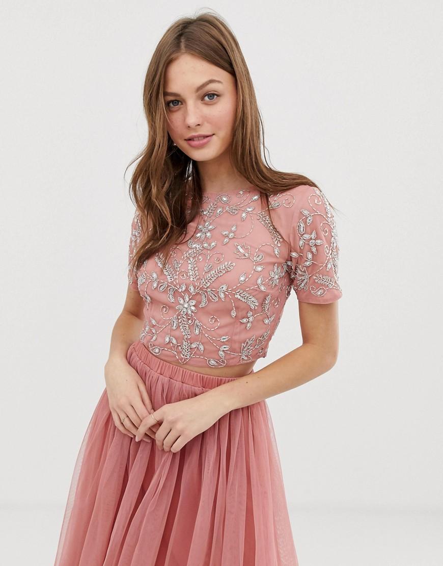 LACE & BEADS Lace Floral Embellished Crop Top Co Ord in Orange - Lyst