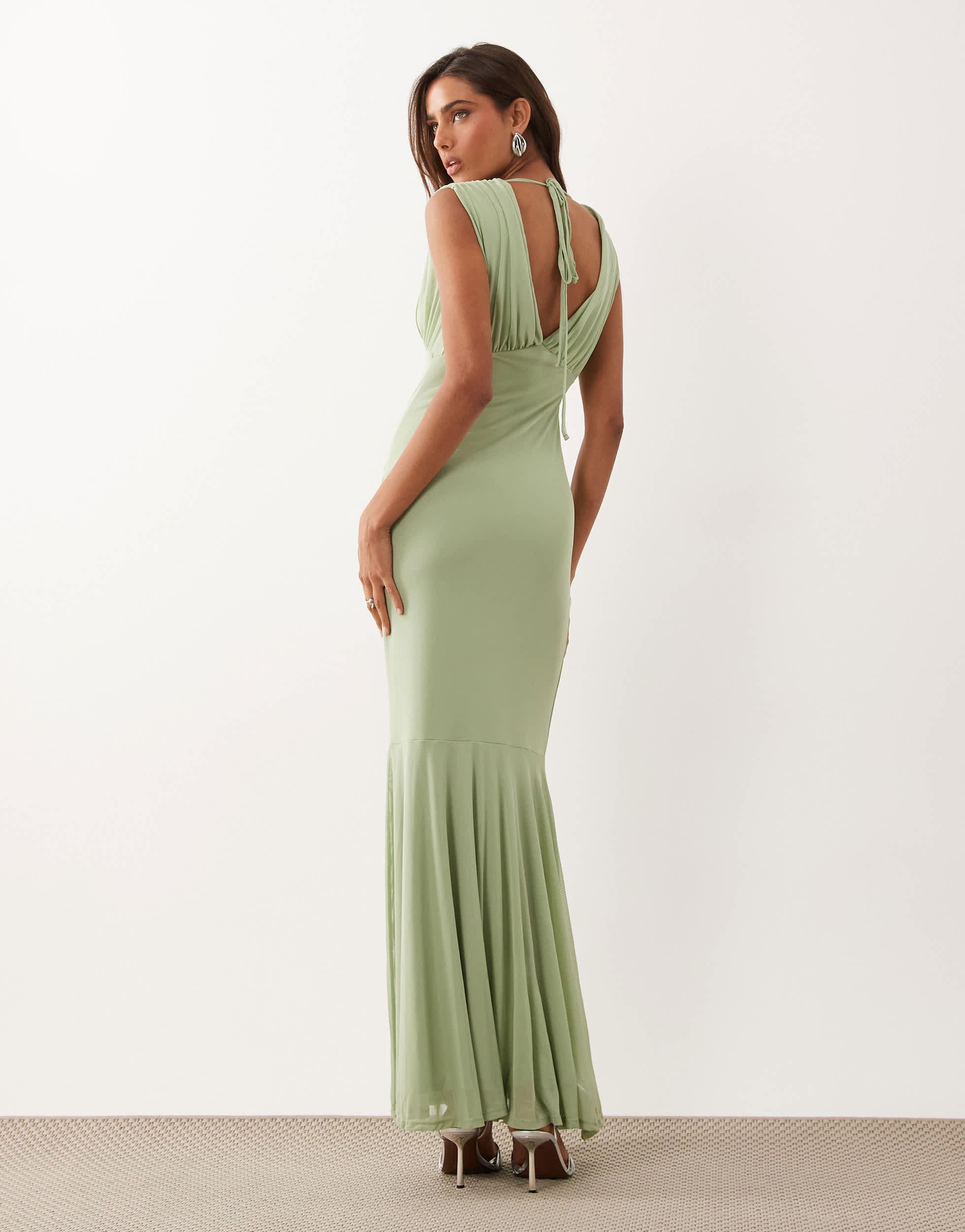 green fishtail maxi dress COSMINA Women's Elegant Chiffon Sage Green Deep V-Neck Ruffle Puff Sleeve Fishtail  Maxi Dress,Autumn Wedding Guest Bridesmaid Party Wedding Solid Color