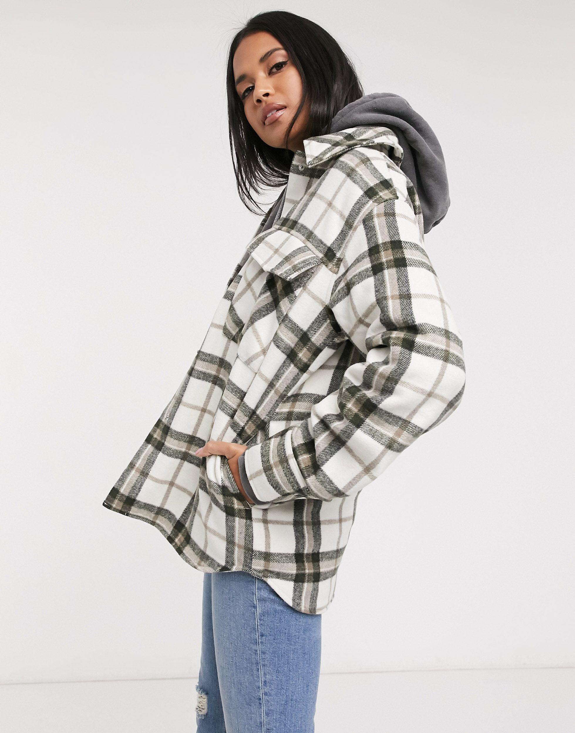 Monki Hazel Check Shacket in Brown - Lyst