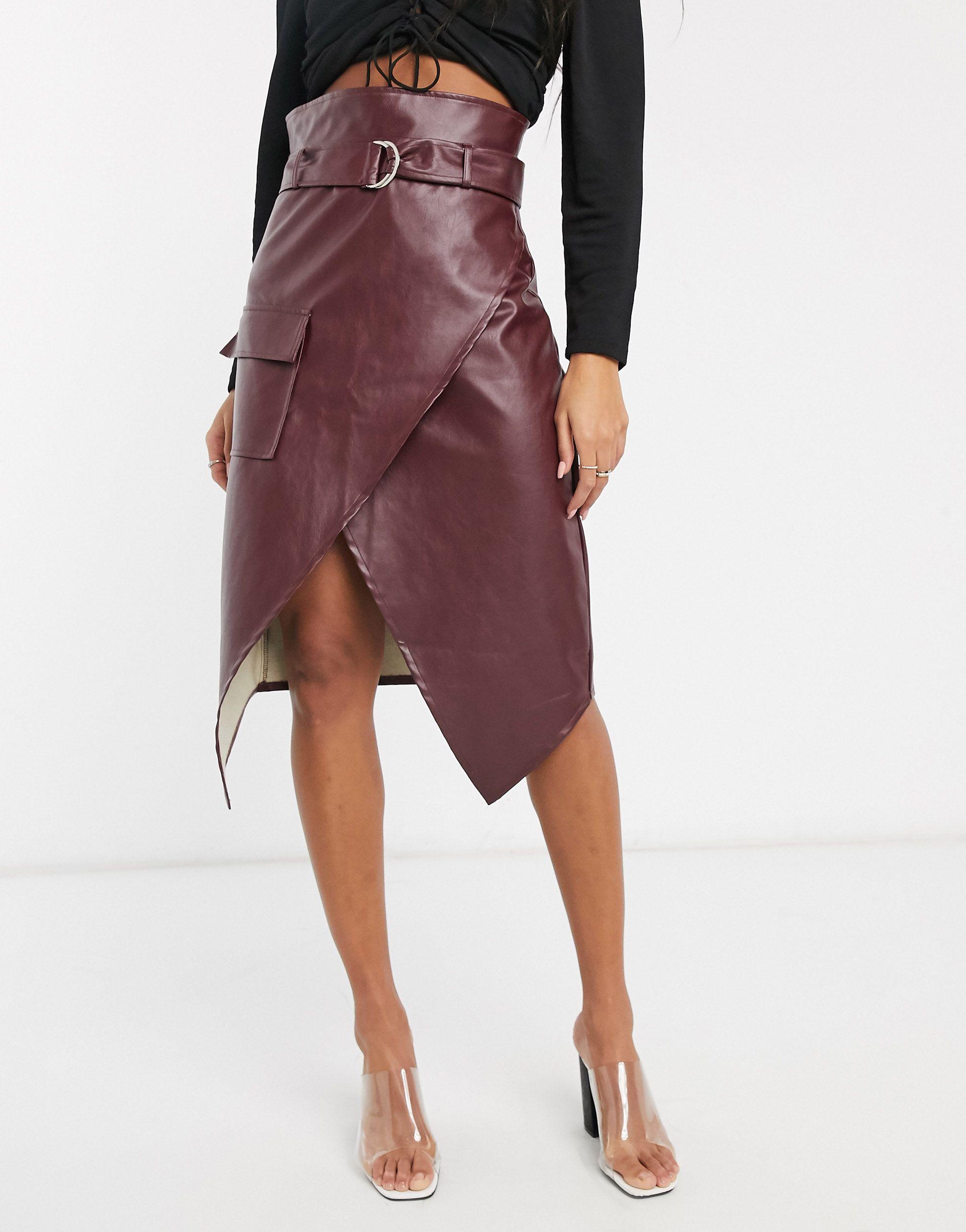 Missguided Faux Leather Belted Wrap Front Skirt in Red - Lyst