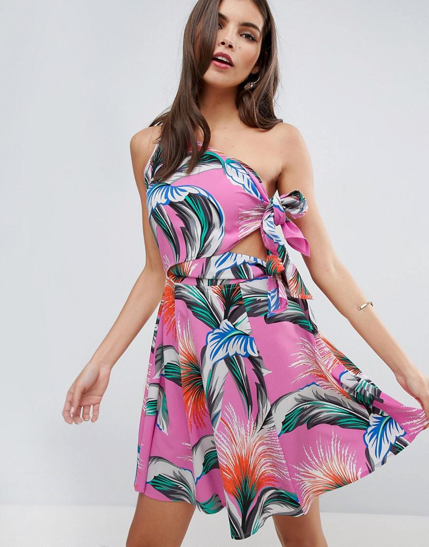 one shoulder tropical dress