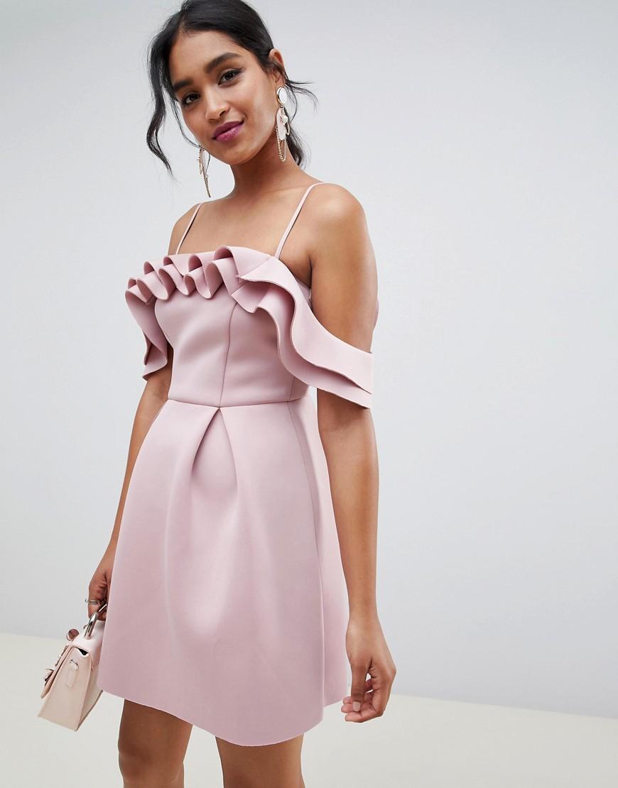 ASOS Denim Strappy Ruffle Scuba Prom Mini Dress in Pink - Lyst